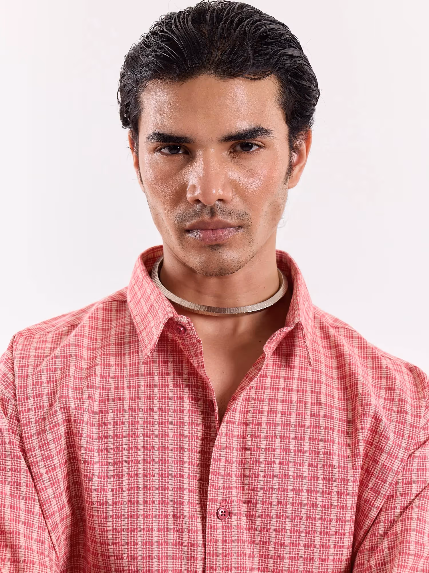 Coral and Cream Grid Checkered Cropped Shirt image 5