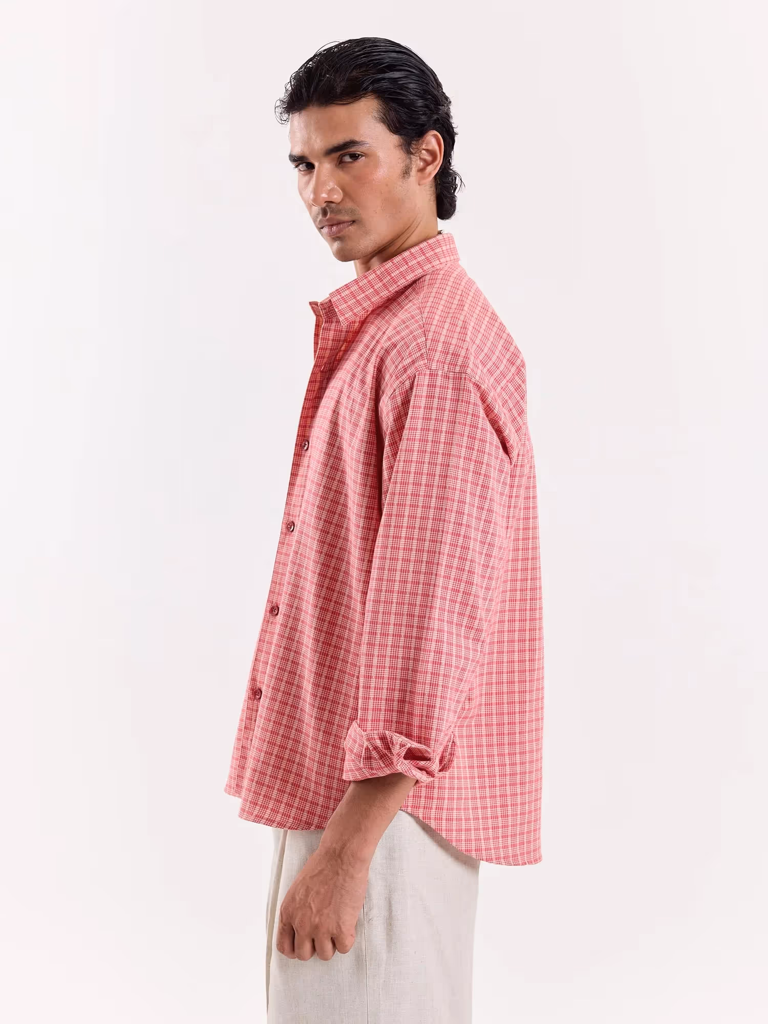 Coral and Cream Grid Checkered Cropped Shirt image 6