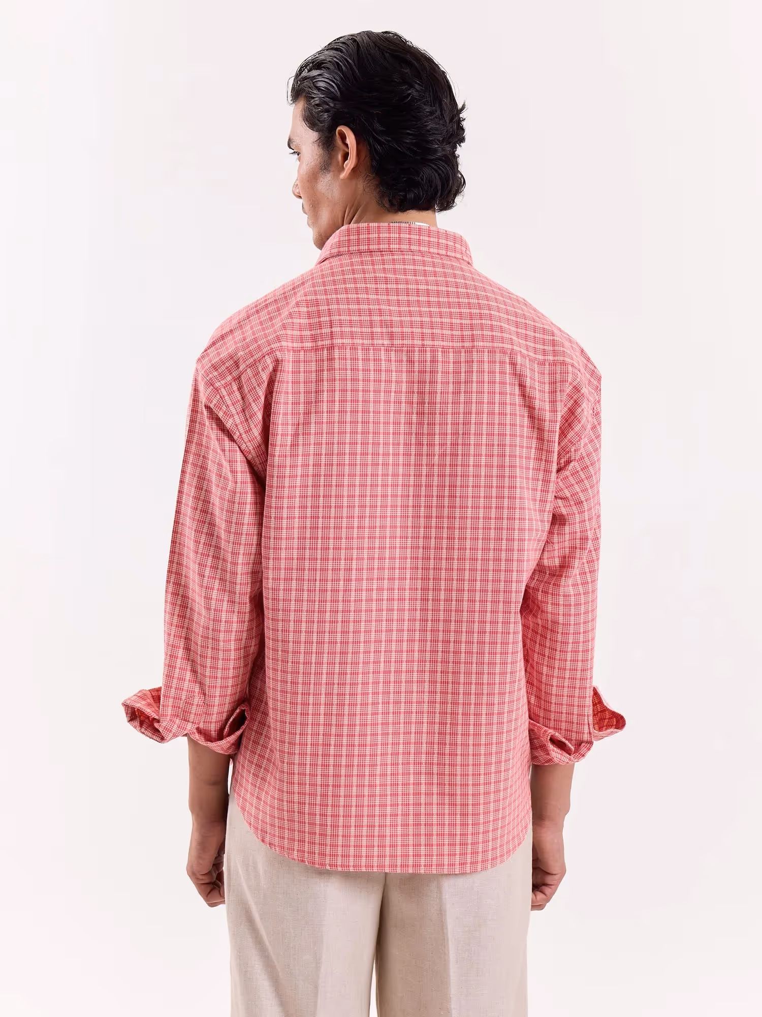 Coral and Cream Grid Checkered Cropped Shirt image 7