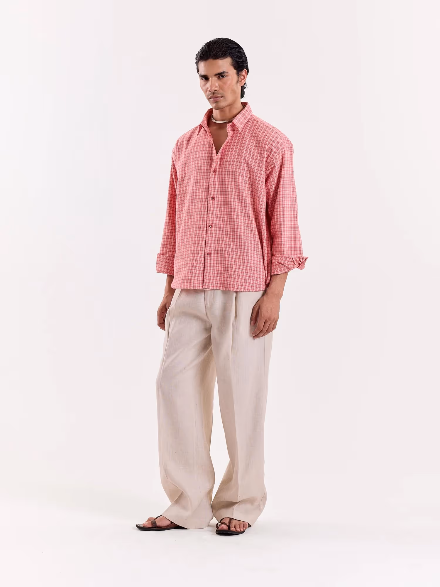 Coral and Cream Grid Checkered Cropped Shirt image 8