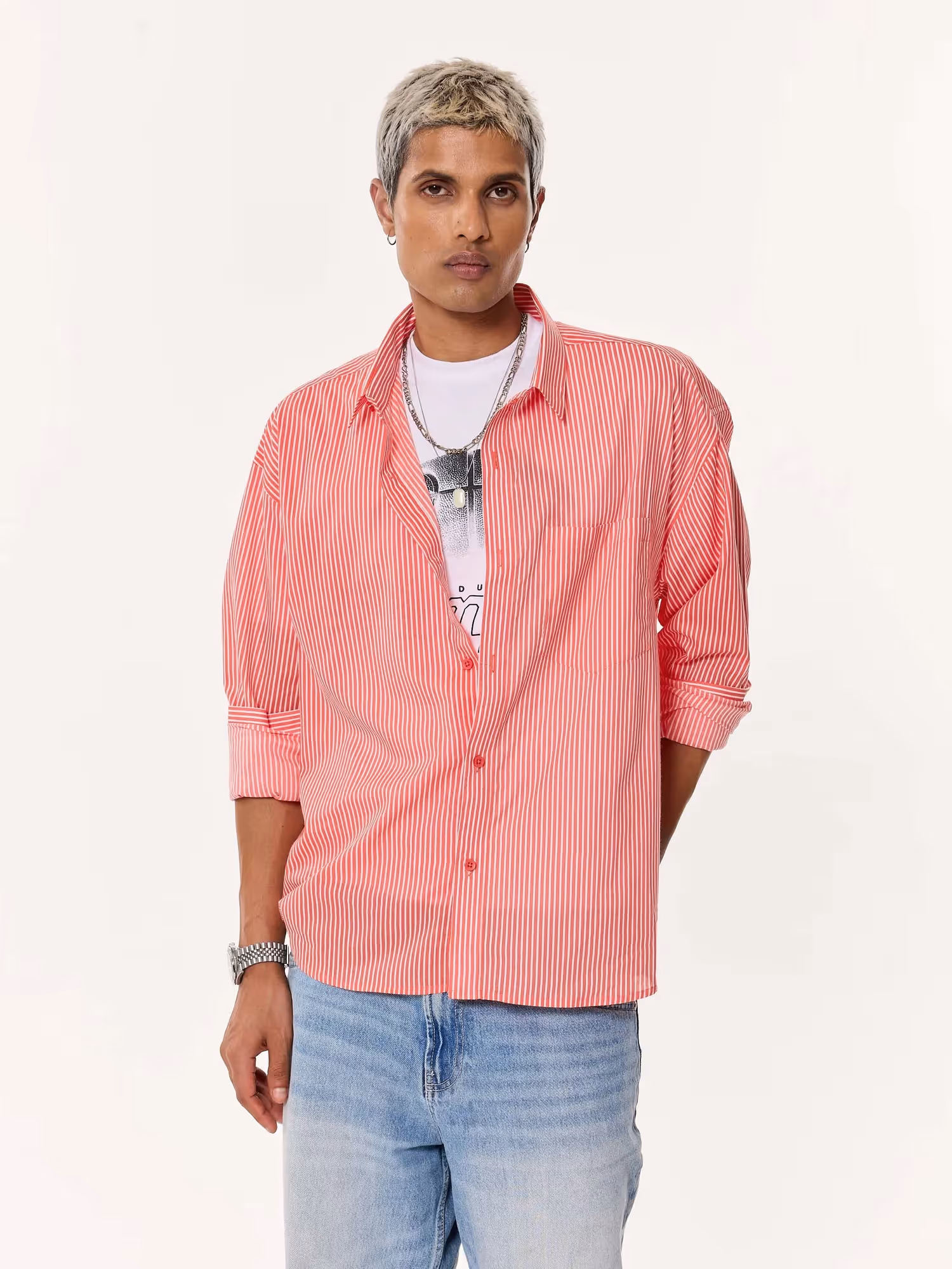Coral Red Striped Oversized Cropped Shirt image 3