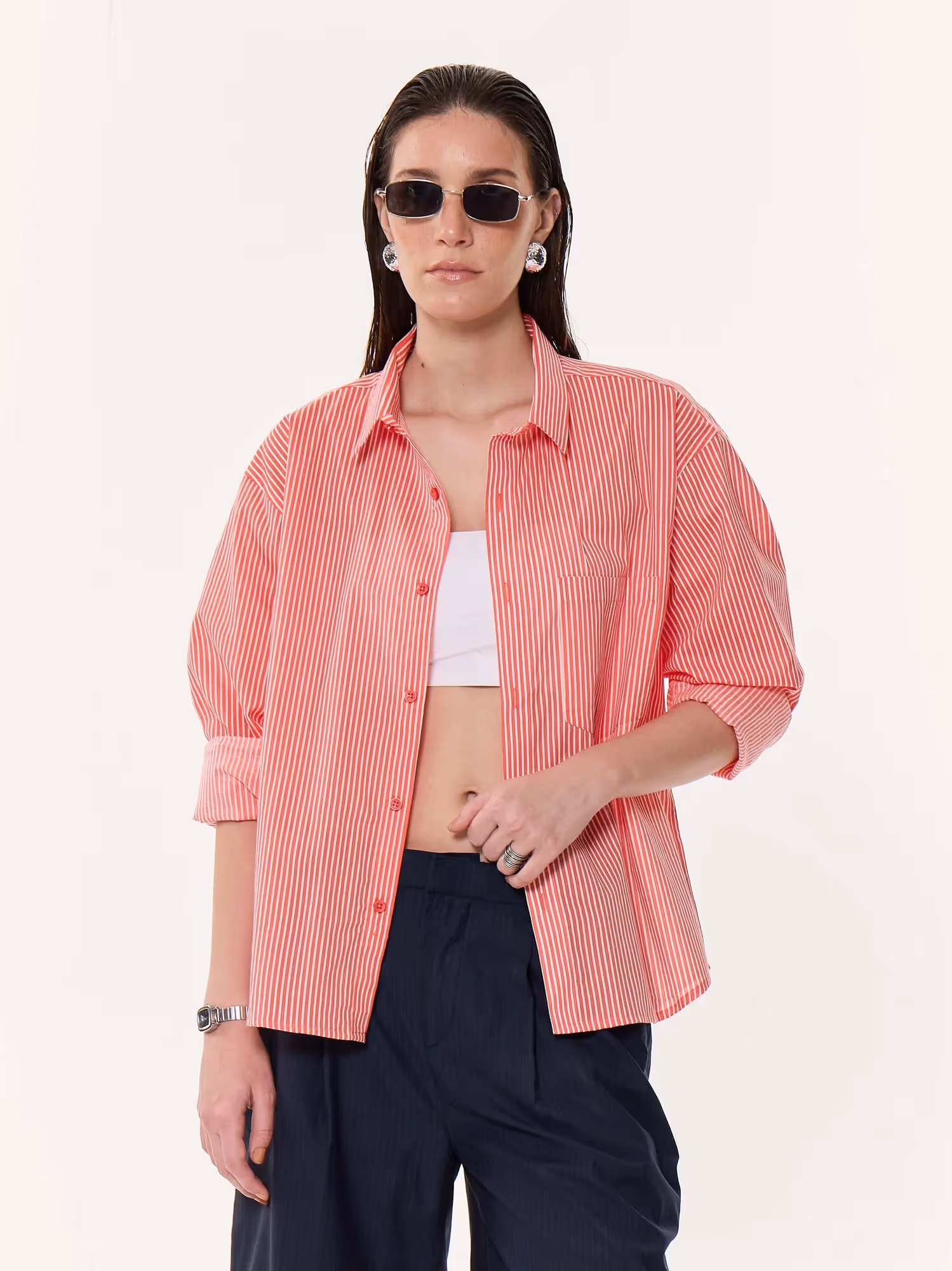 Coral Red Striped Oversized Cropped Shirt image 4