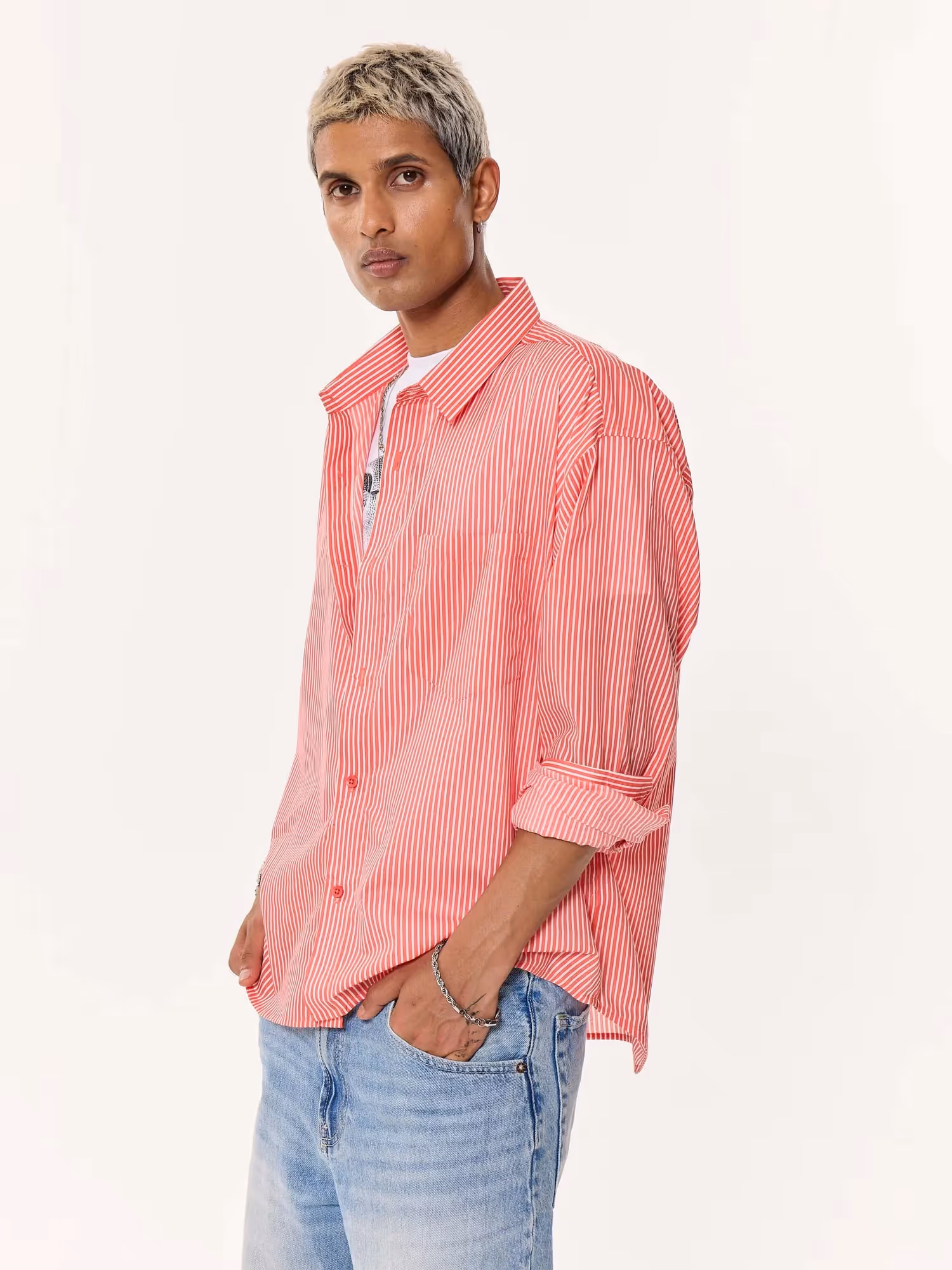 Coral Red Striped Oversized Cropped Shirt image 5