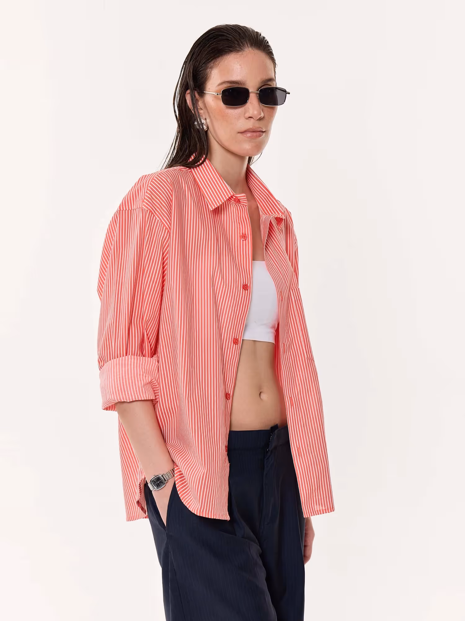 Coral Red Striped Oversized Cropped Shirt image 6