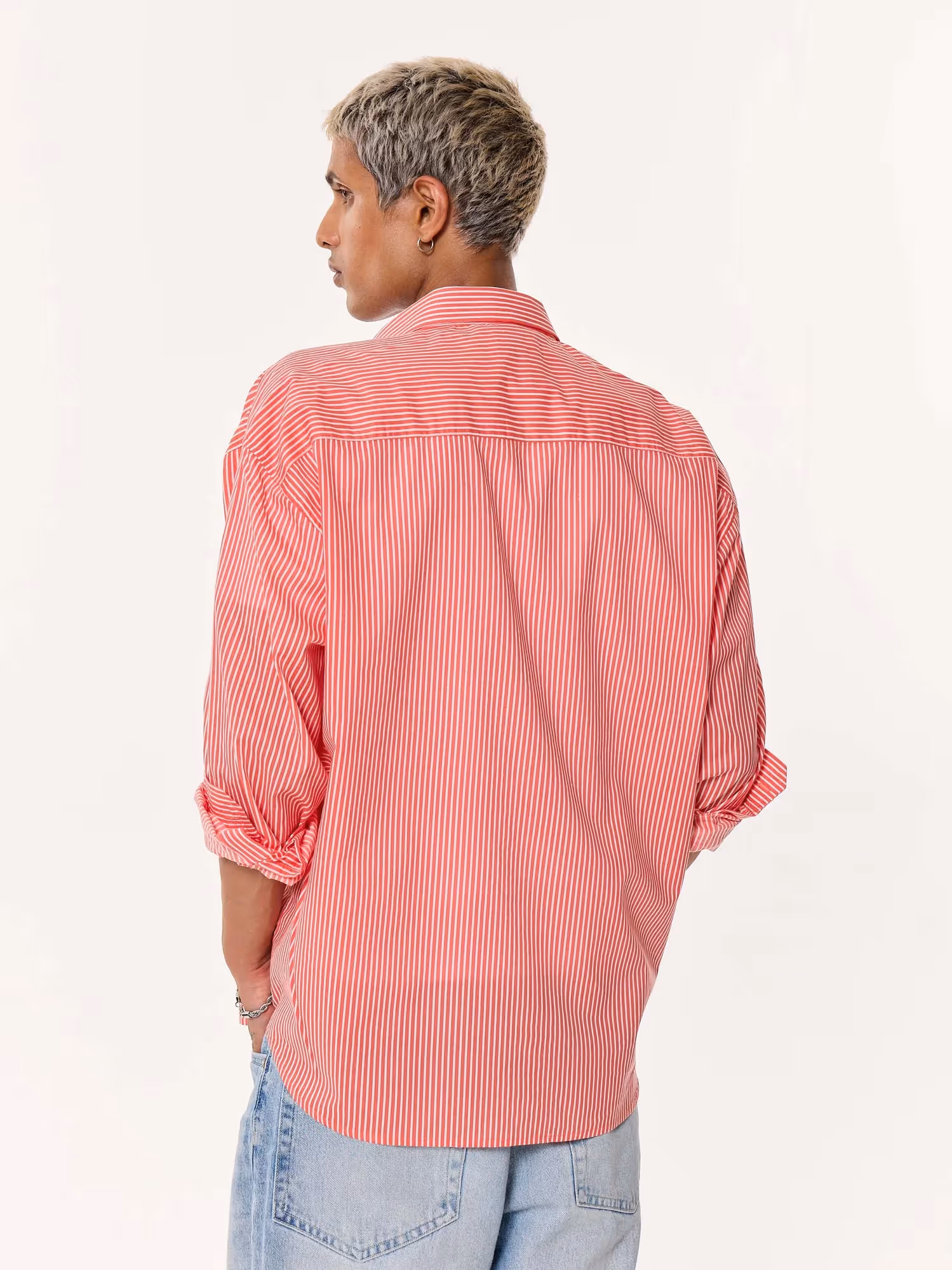 Coral Red Striped Oversized Cropped Shirt image 7