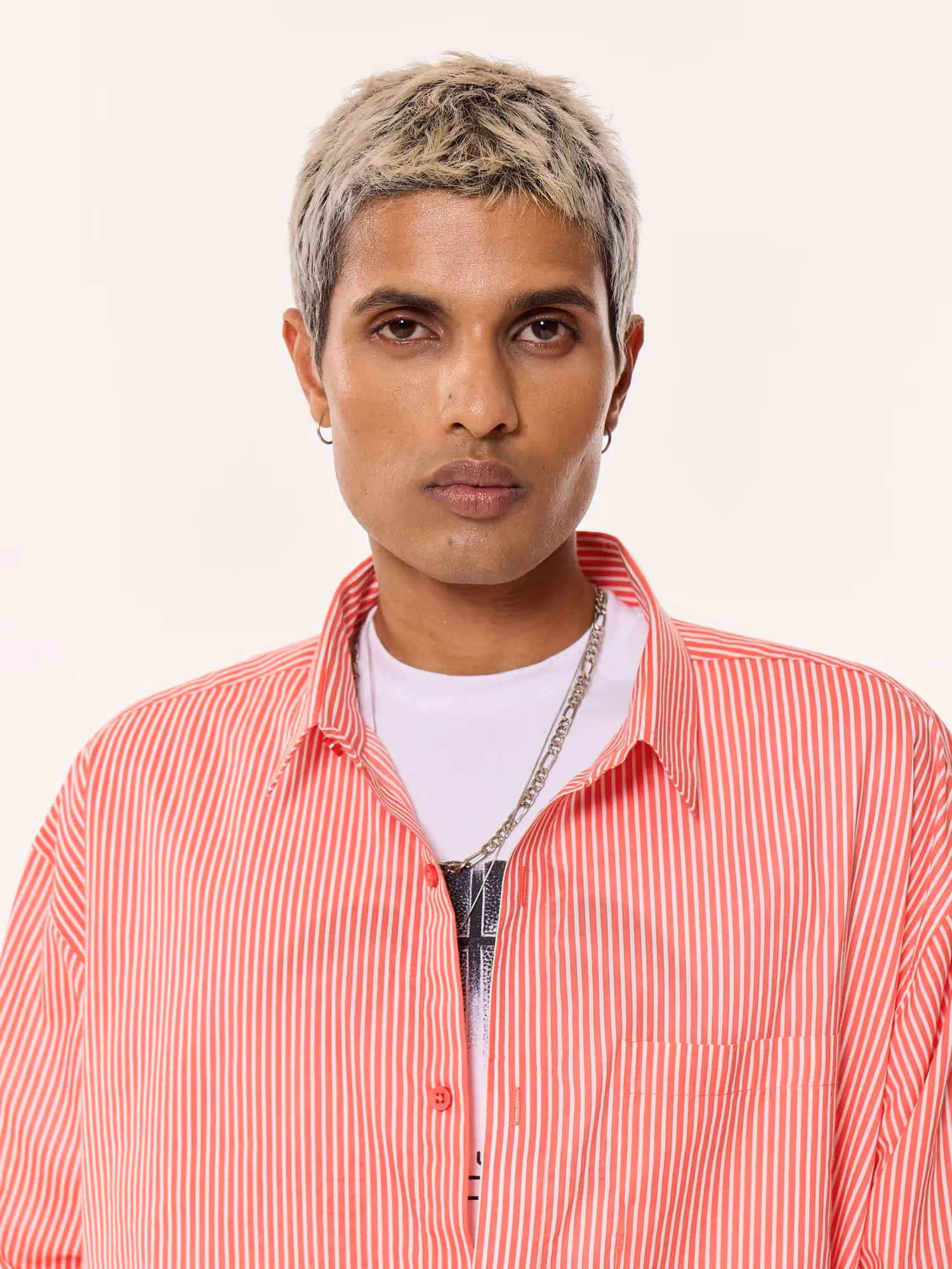 Coral Red Striped Oversized Cropped Shirt image 8