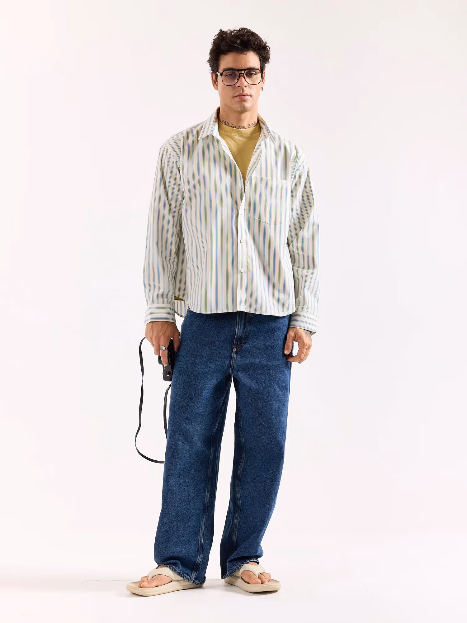 Cream & Blue Striped Poplin Oversized Shirt image 1