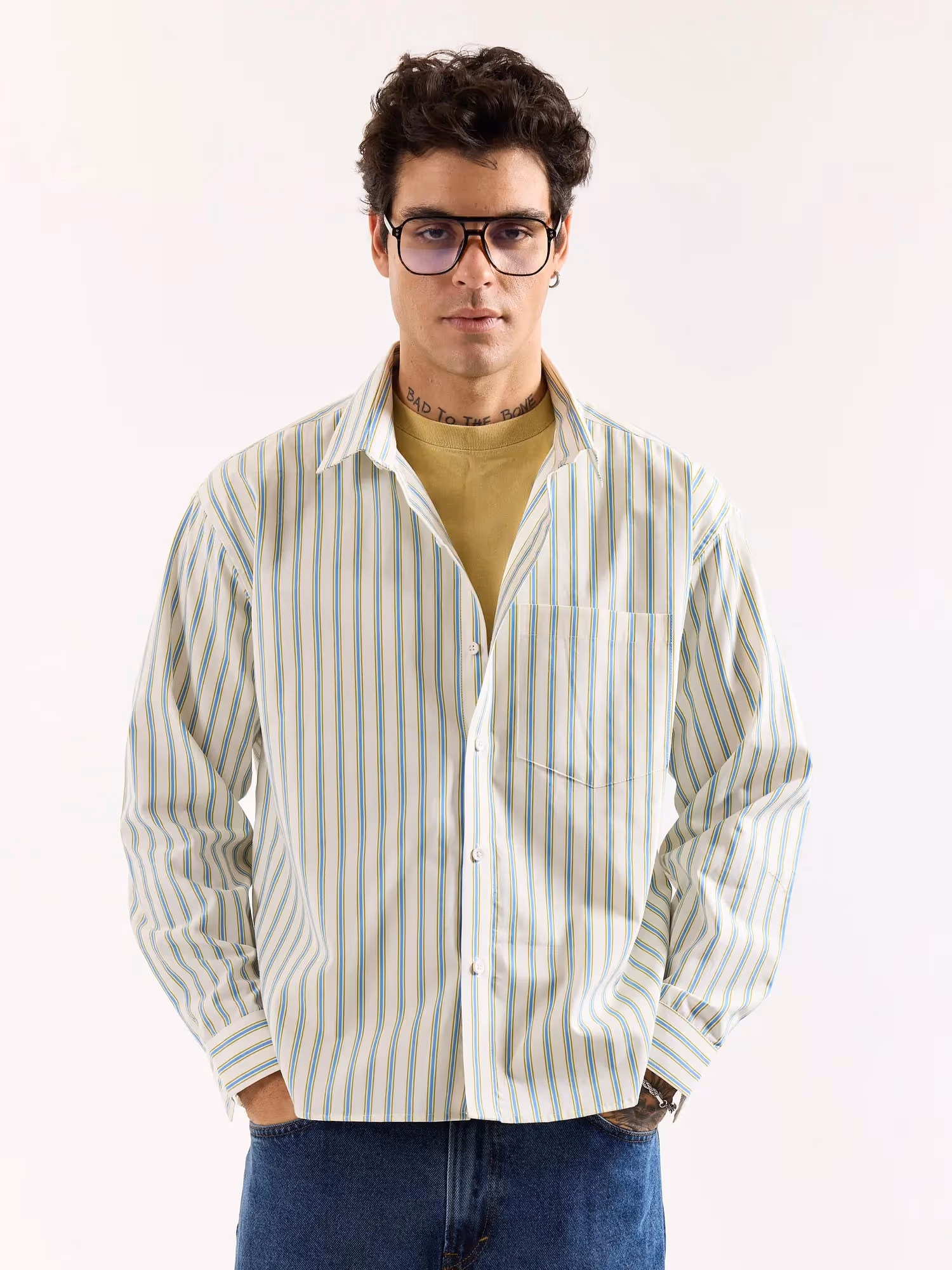 Cream & Blue Striped Poplin Oversized Shirt image 3