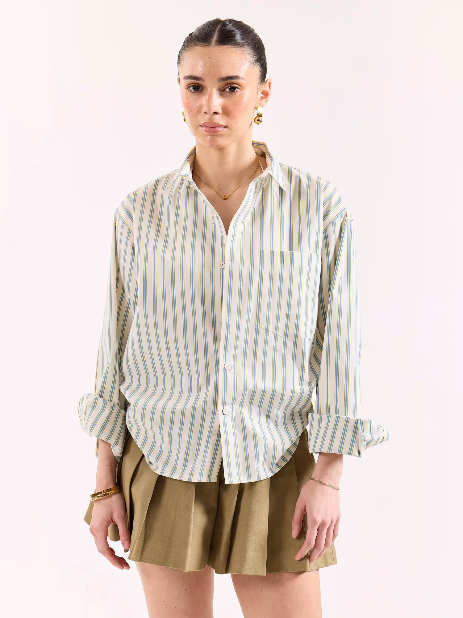 Cream & Blue Striped Poplin Oversized Shirt image 4