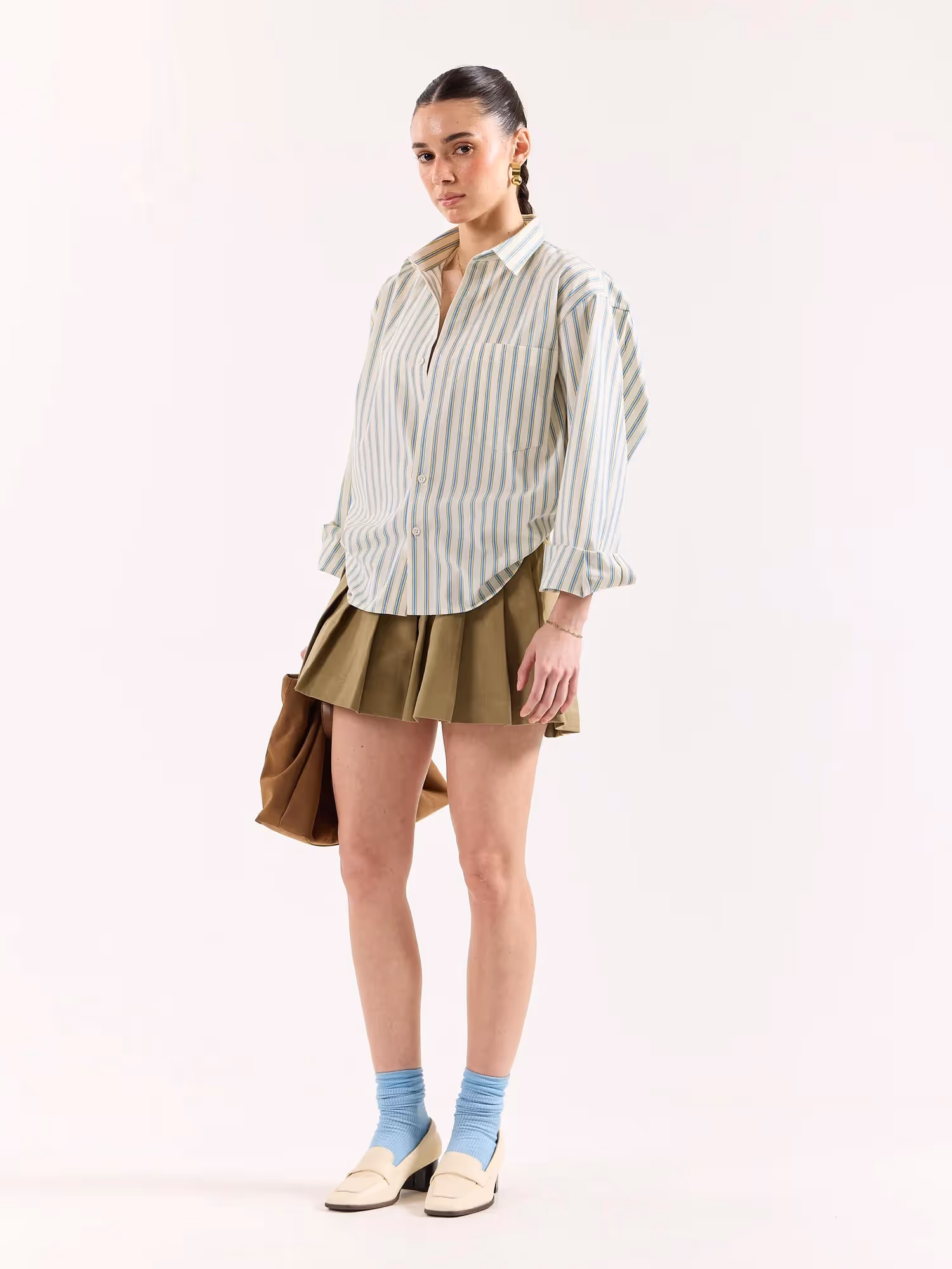 Cream & Blue Striped Poplin Oversized Shirt image 6