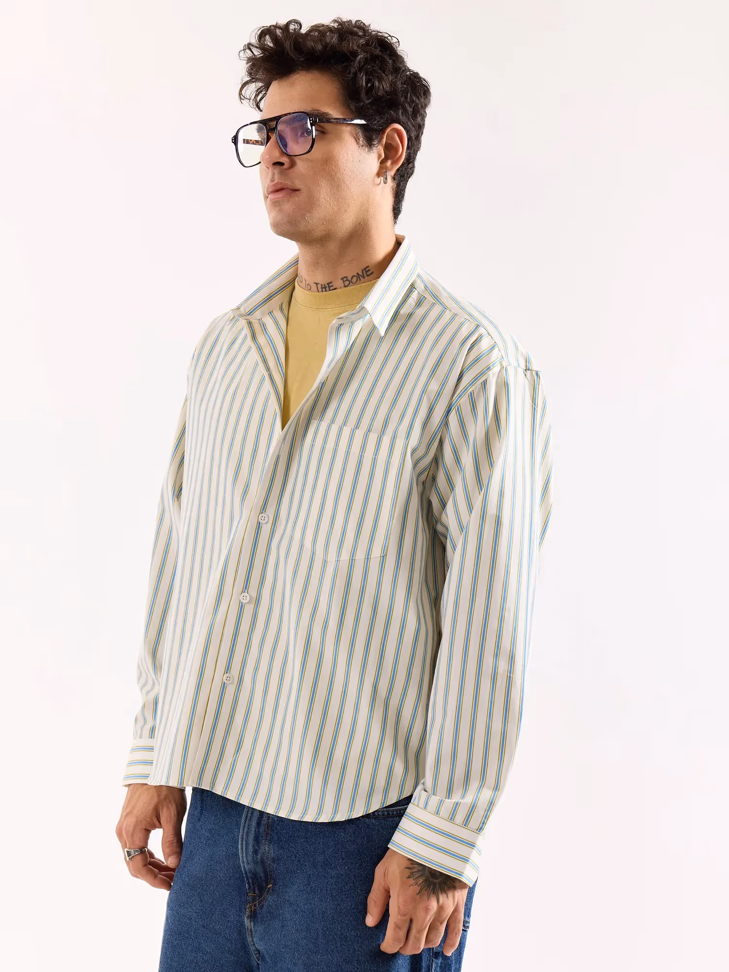 Cream & Blue Striped Poplin Oversized Shirt image 7