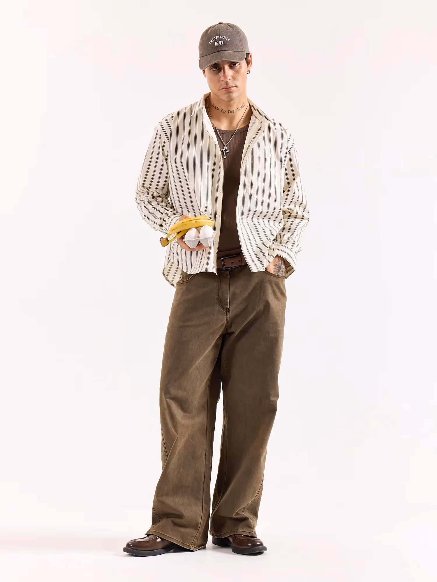 Cream & Brown Striped Poplin Oversized Shirt image 1