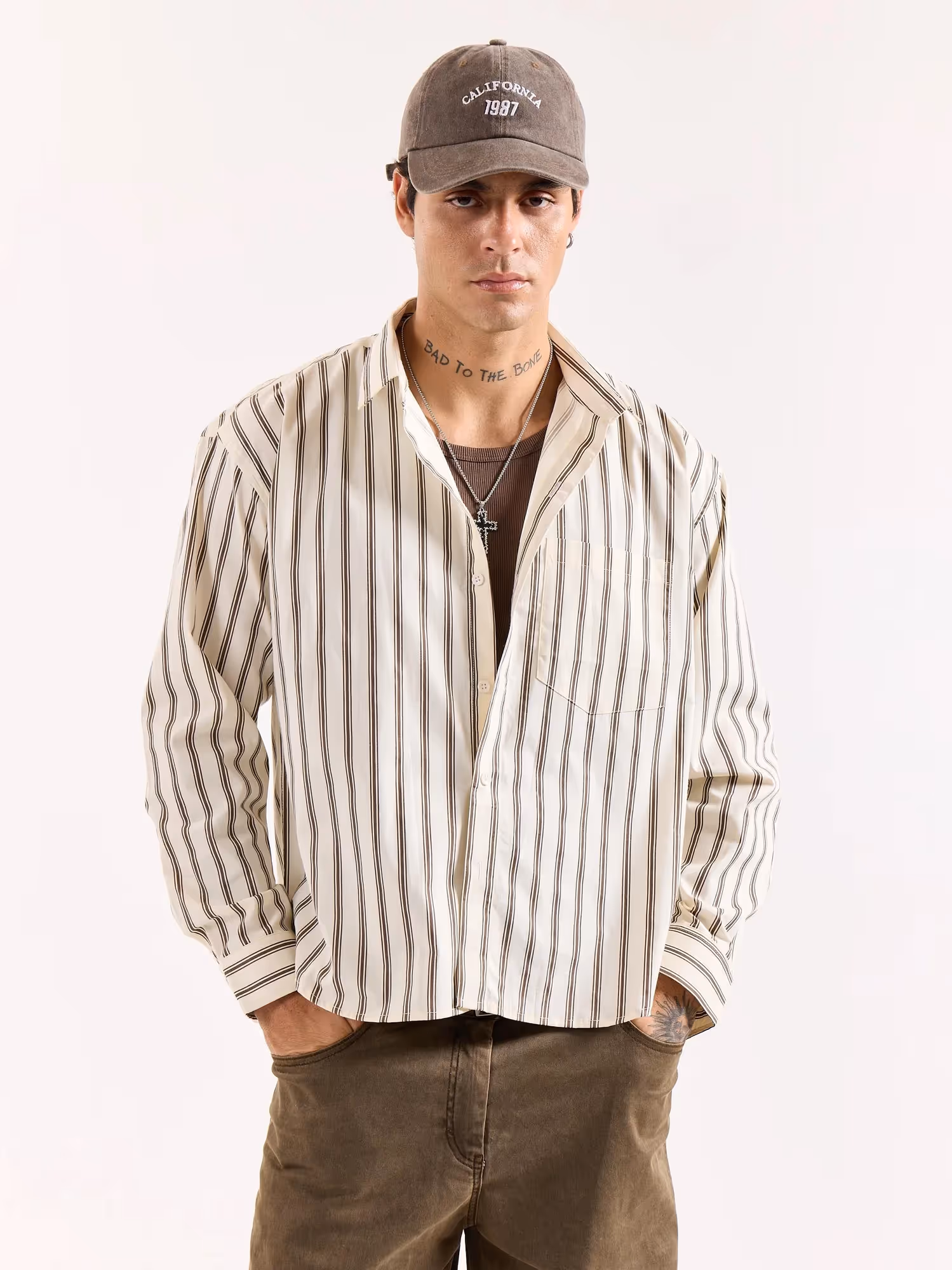 Cream & Brown Striped Poplin Oversized Shirt image 3