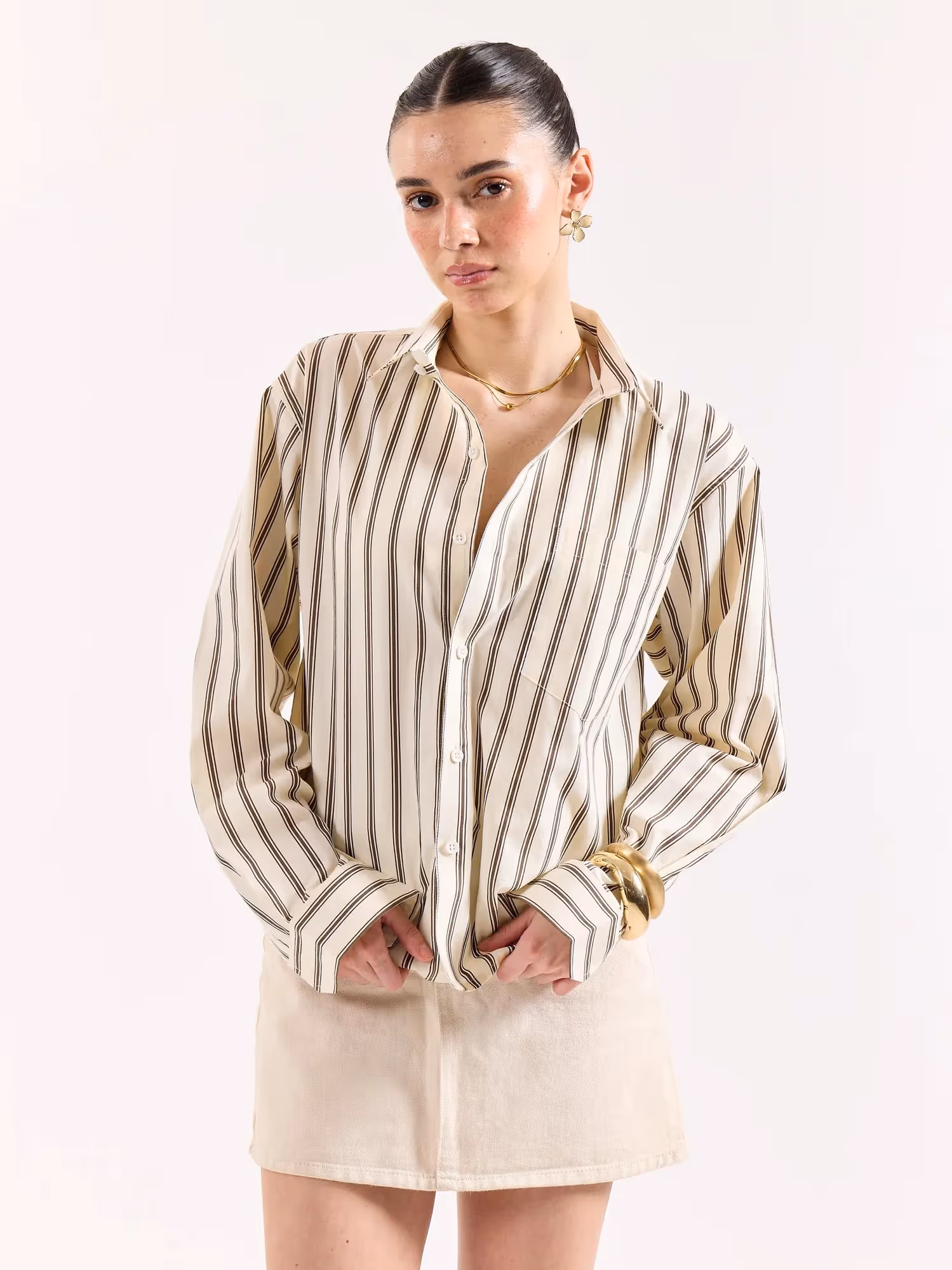 Cream & Brown Striped Poplin Oversized Shirt image 4