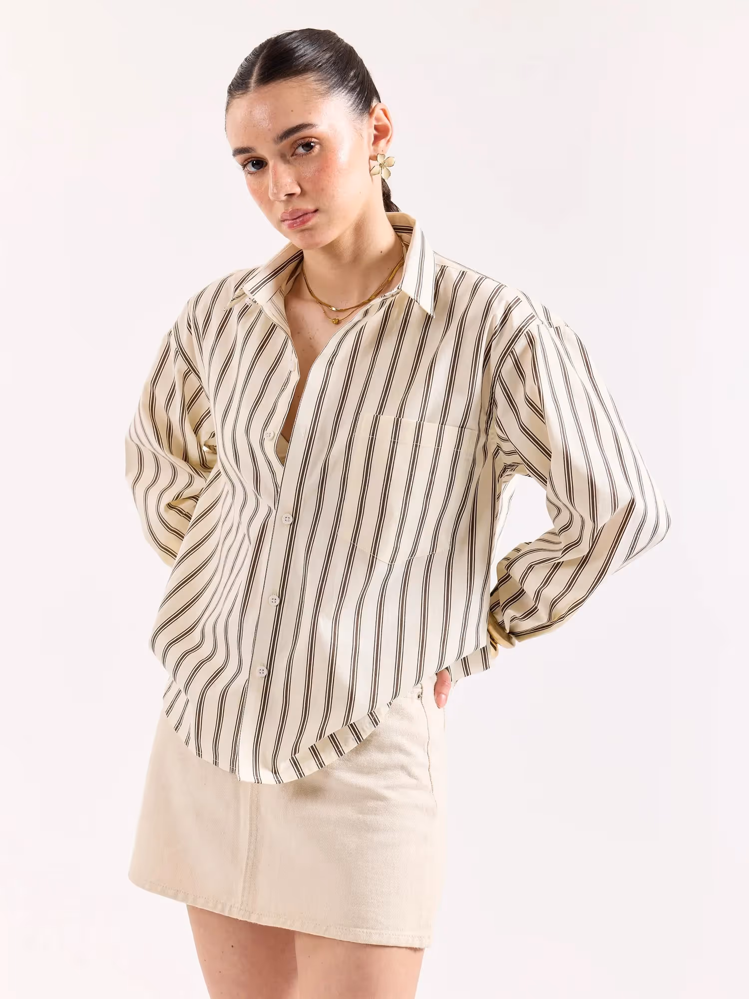 Cream & Brown Striped Poplin Oversized Shirt image 6