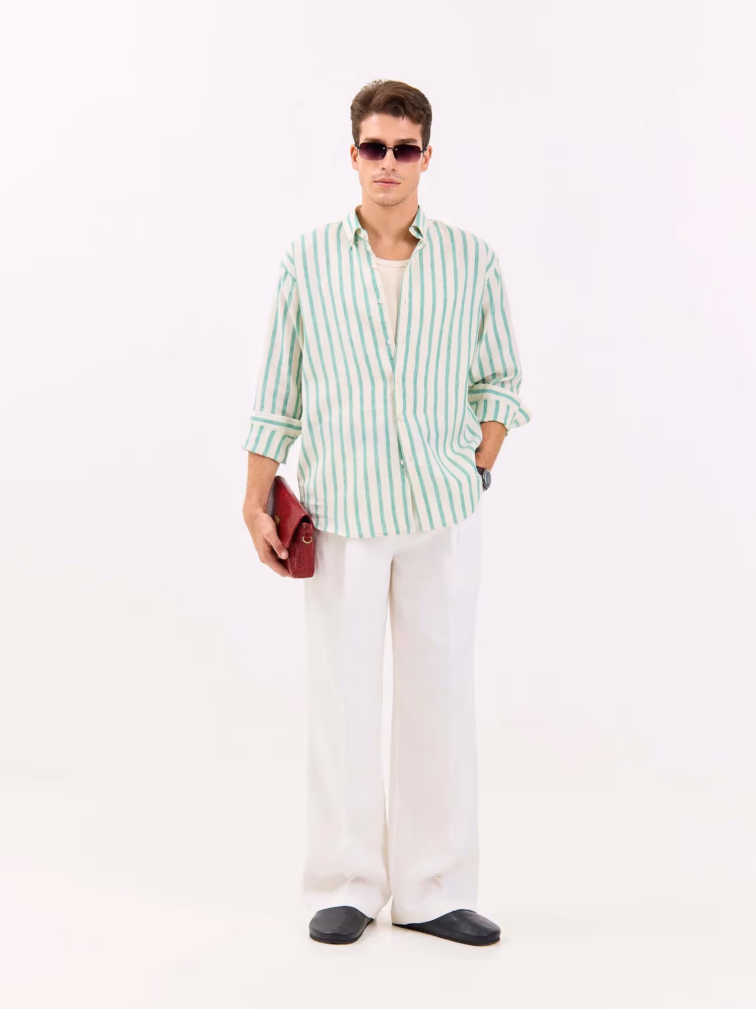 Cream & Green Striped Irish Linen Shirt image 1