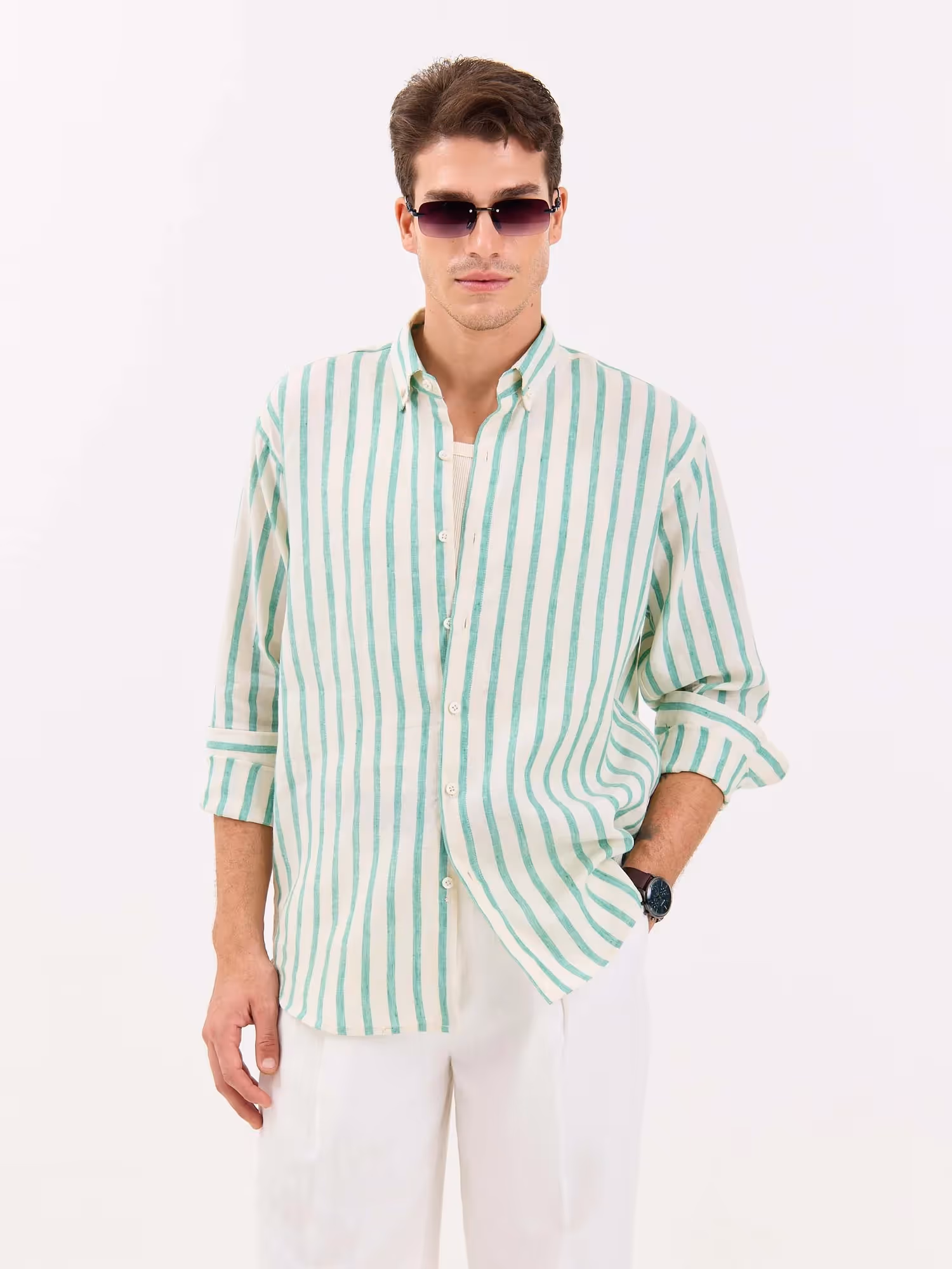 Cream & Green Striped Irish Linen Shirt image 2