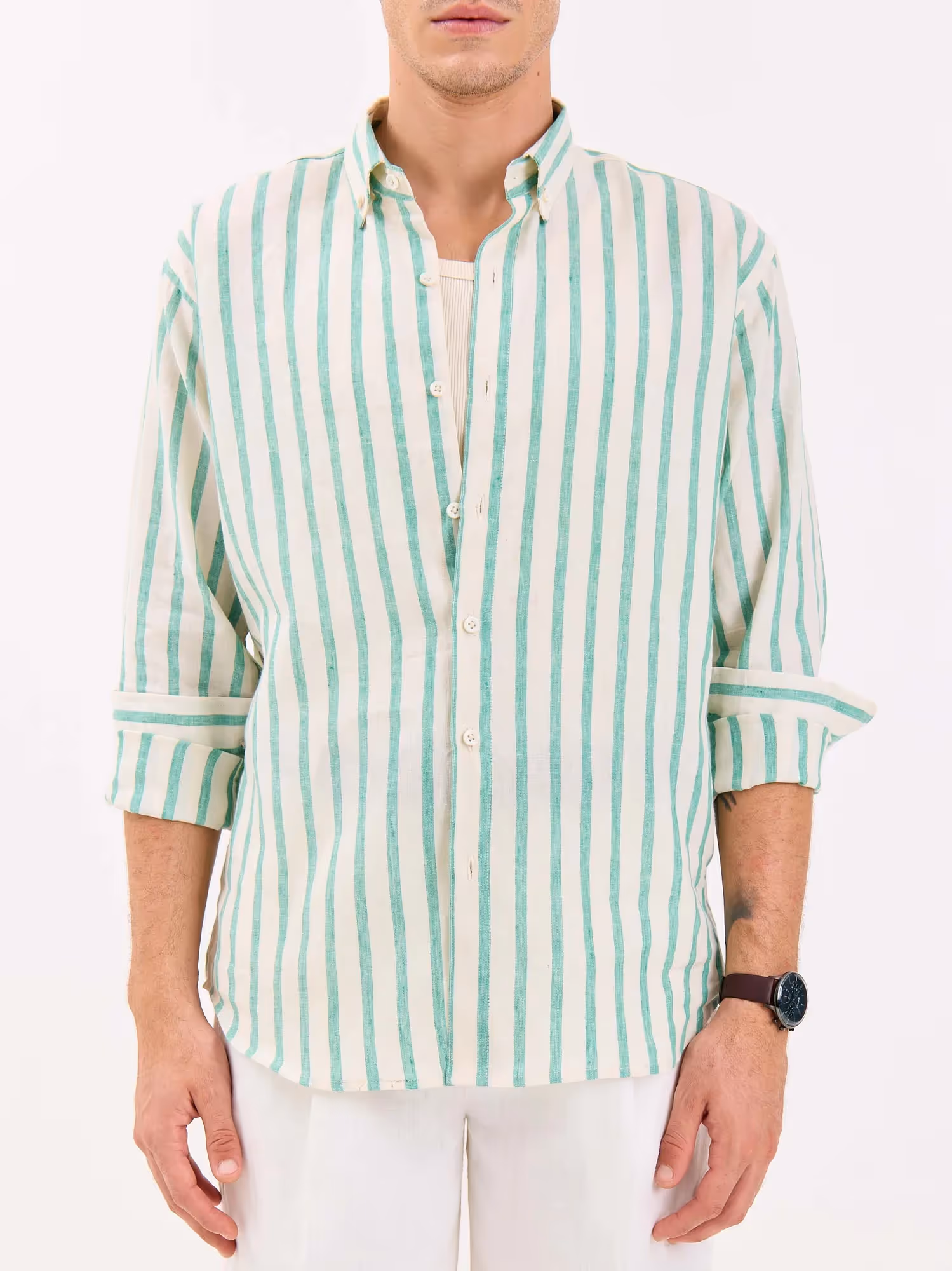 Cream & Green Striped Irish Linen Shirt image 3