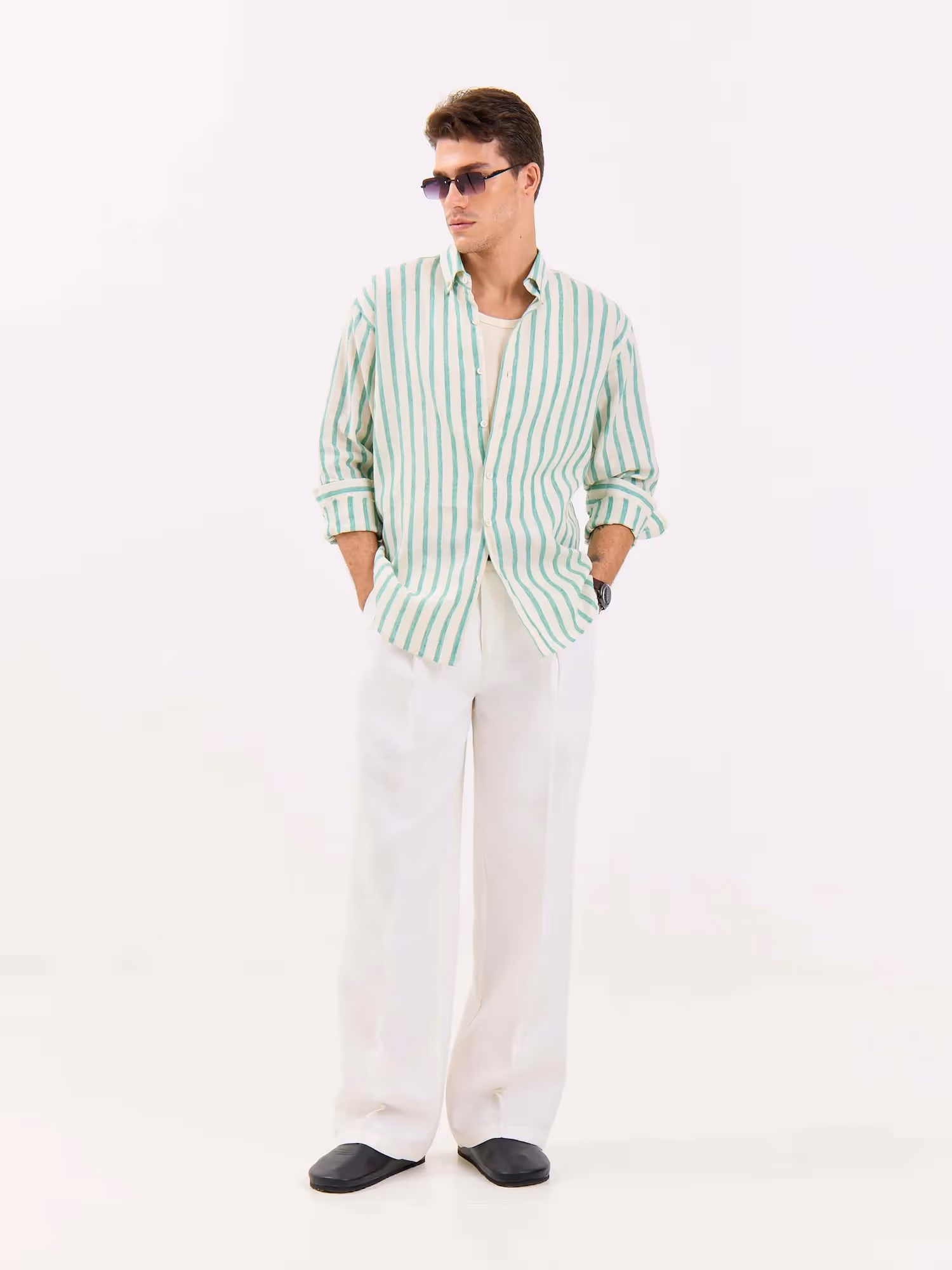 Cream & Green Striped Irish Linen Shirt image 4