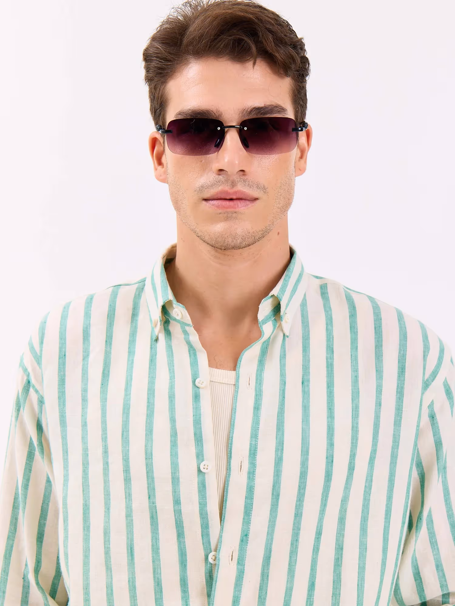 Cream & Green Striped Irish Linen Shirt image 5