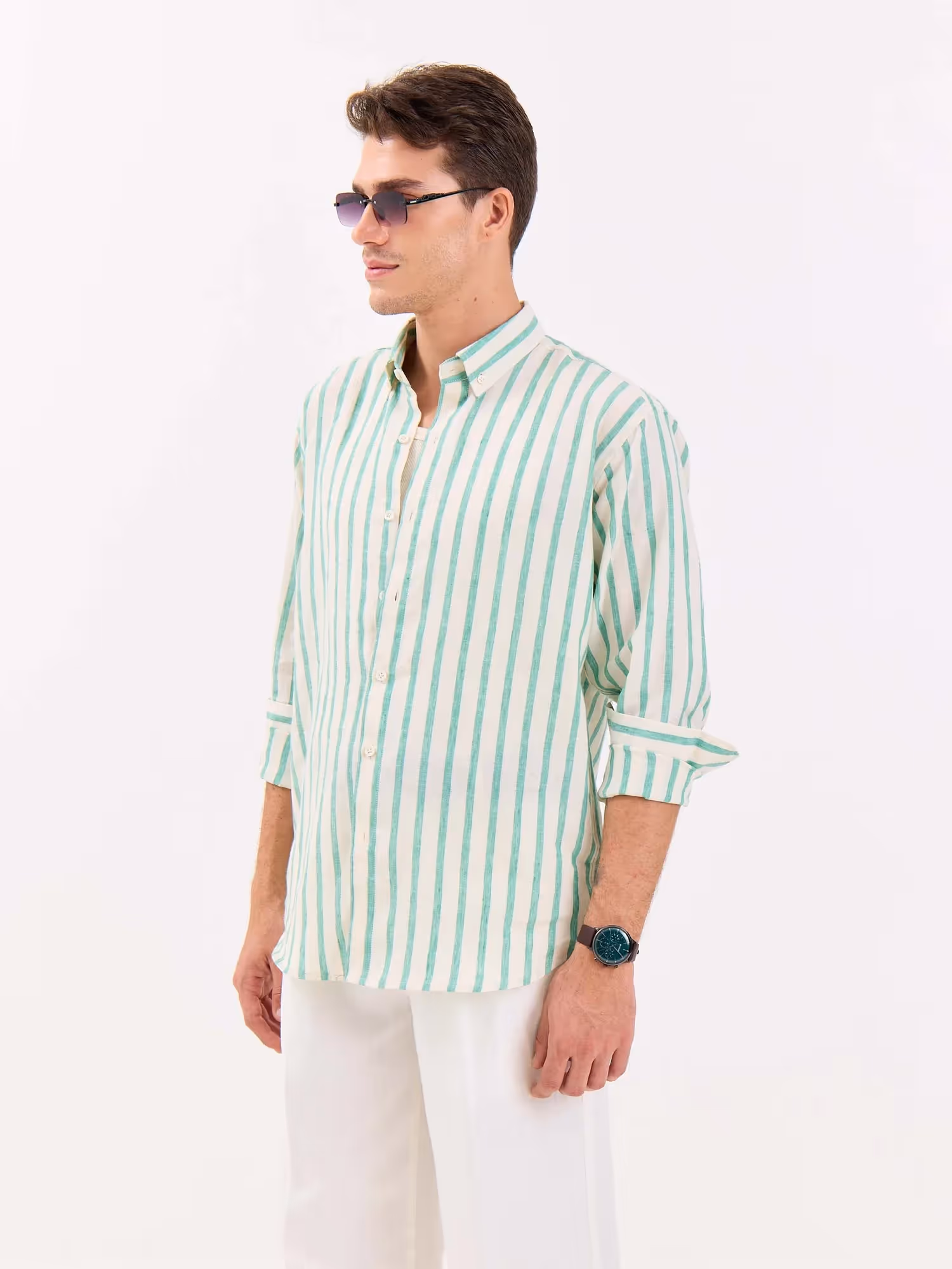 Cream & Green Striped Irish Linen Shirt image 6