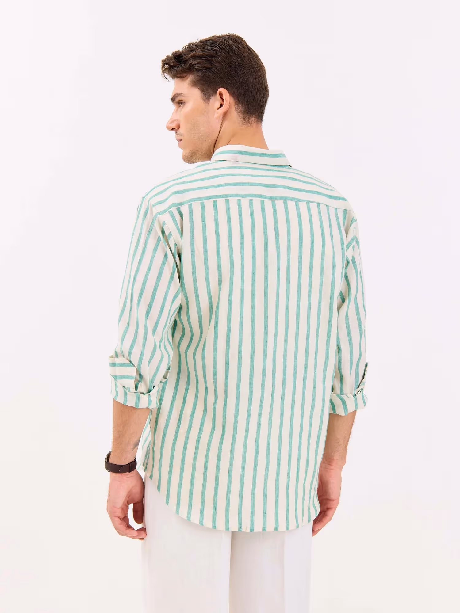 Cream & Green Striped Irish Linen Shirt image 7