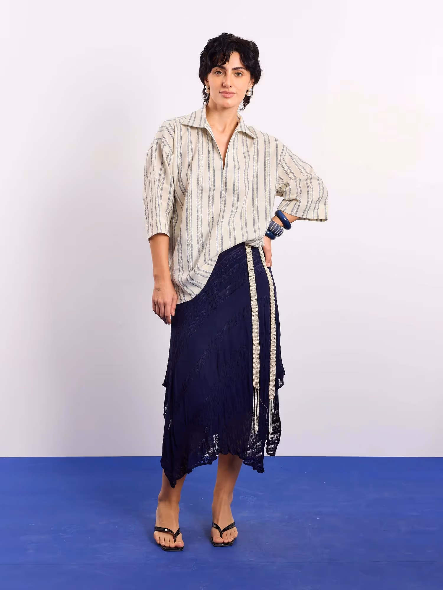 Cream Blue Panelled Pullover  image 2