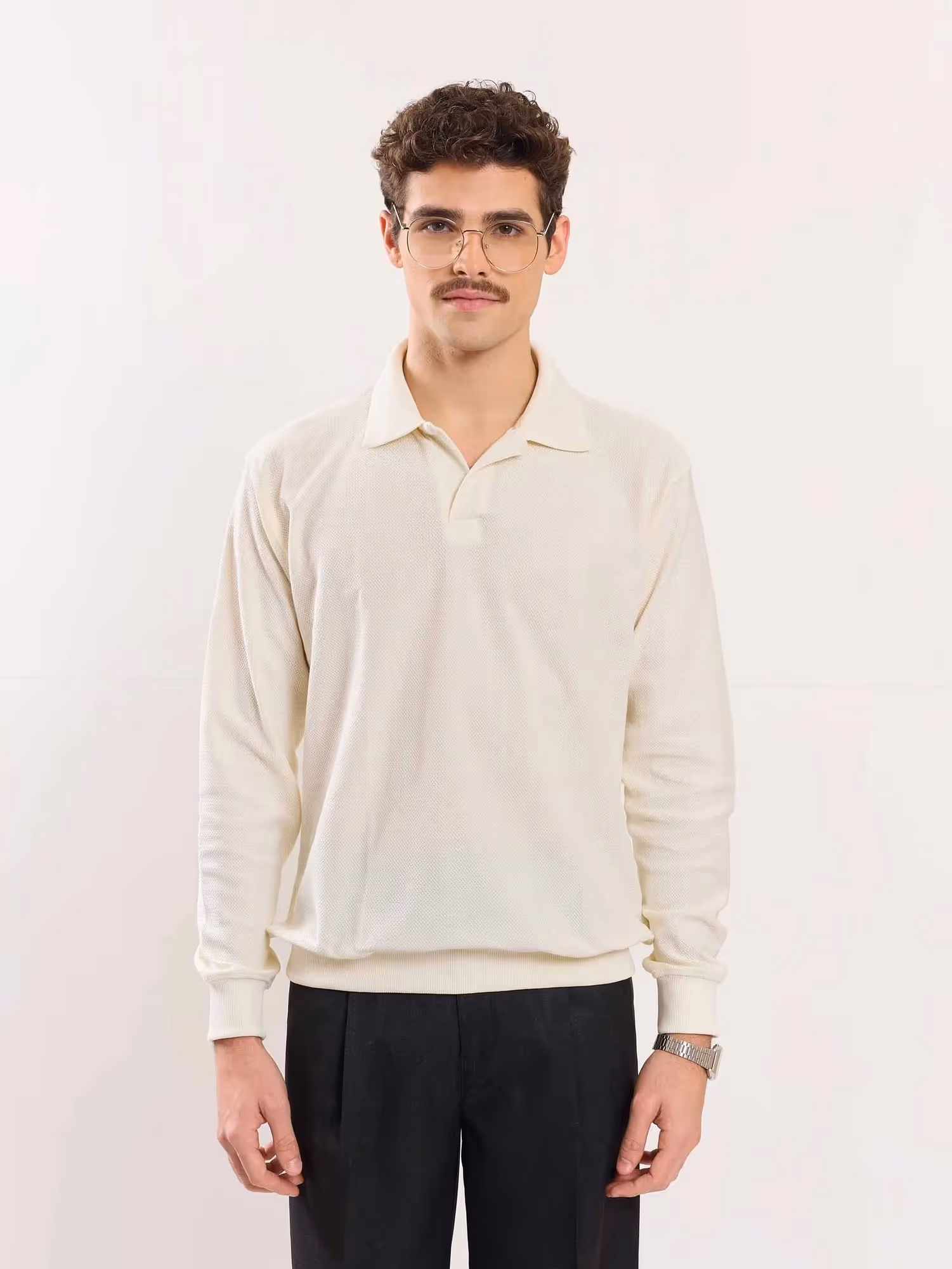 Cream Jacquard Knit Polo T-shirt image 1