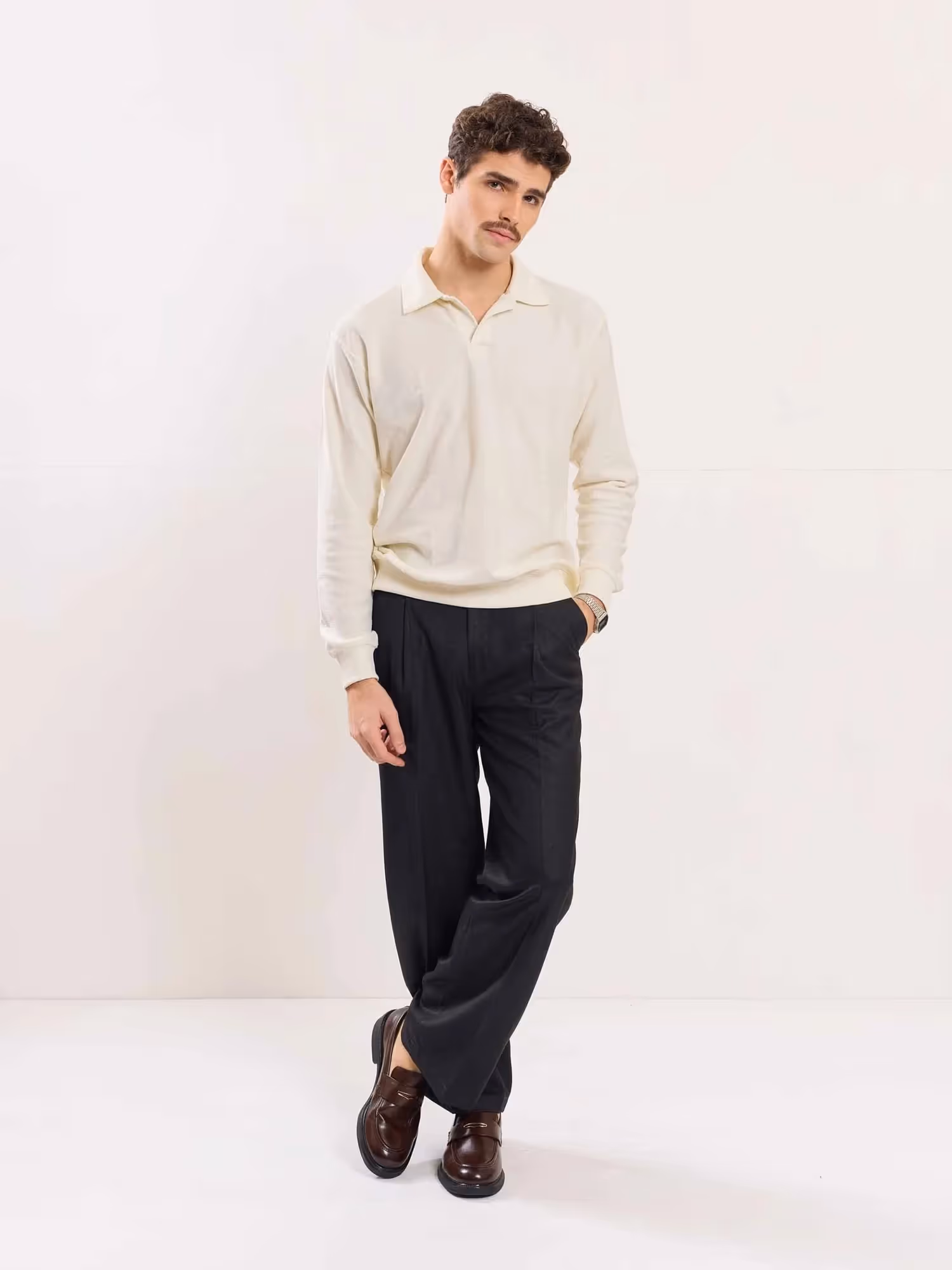 Cream Jacquard Knit Polo T-shirt image 2