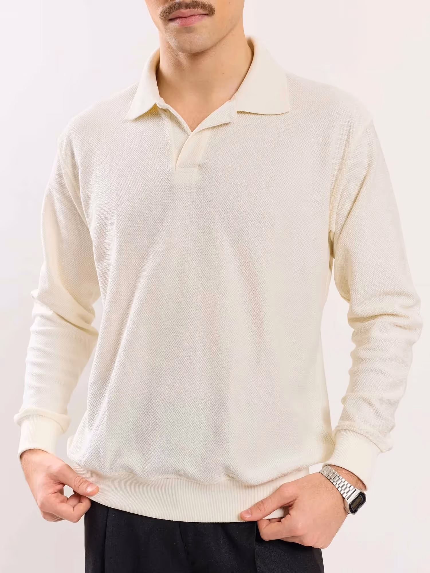 Cream Jacquard Knit Polo T-shirt image 4