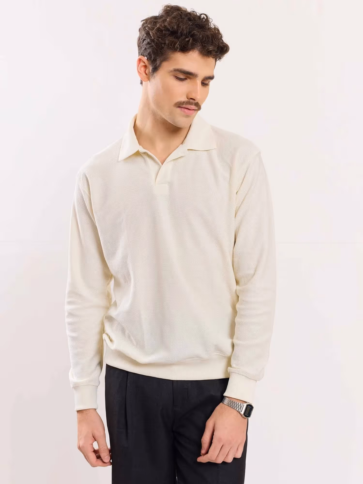 Cream Jacquard Knit Polo T-shirt image 5