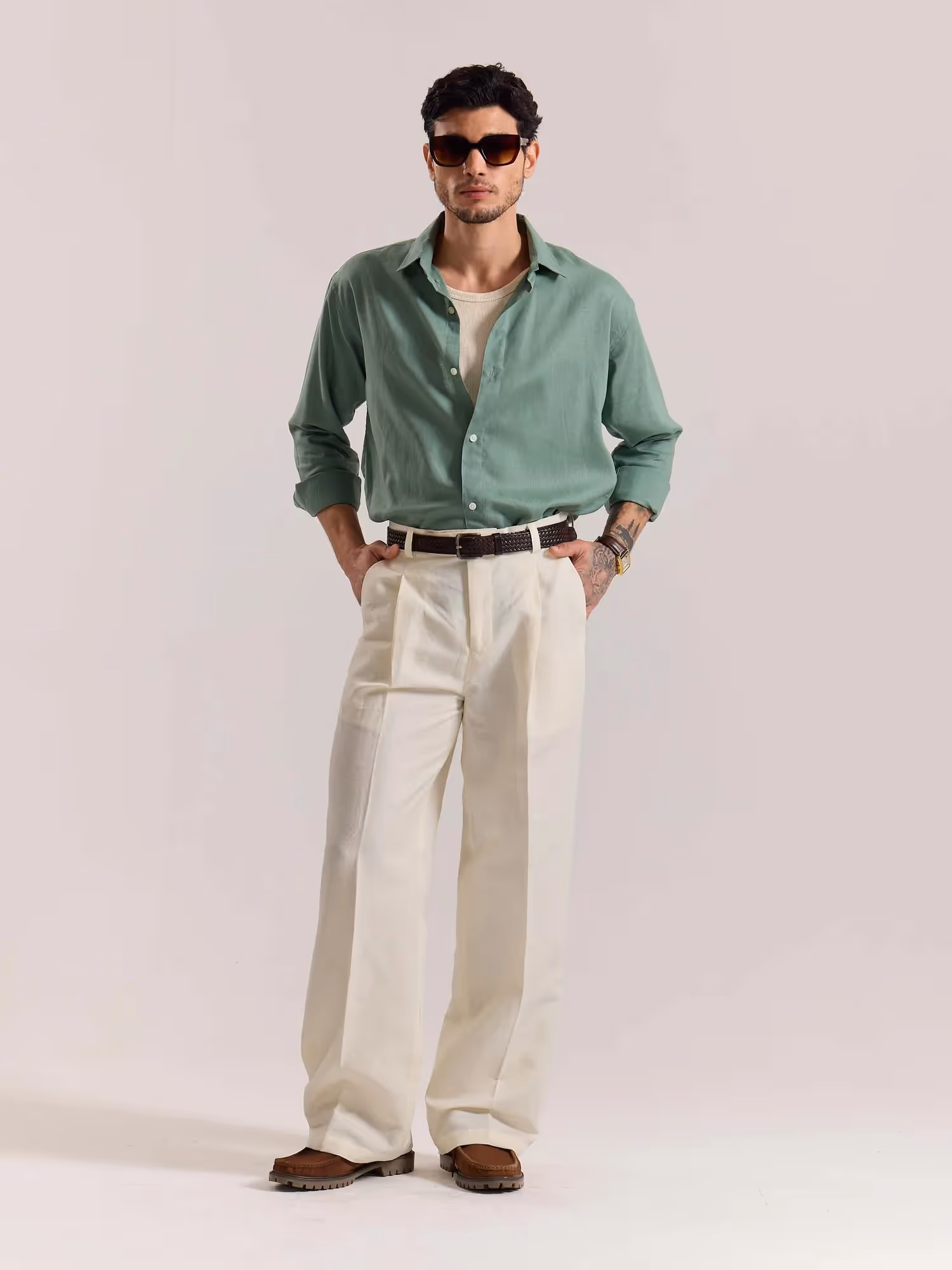 Cream Linen Baggy Fit Trousers image 1