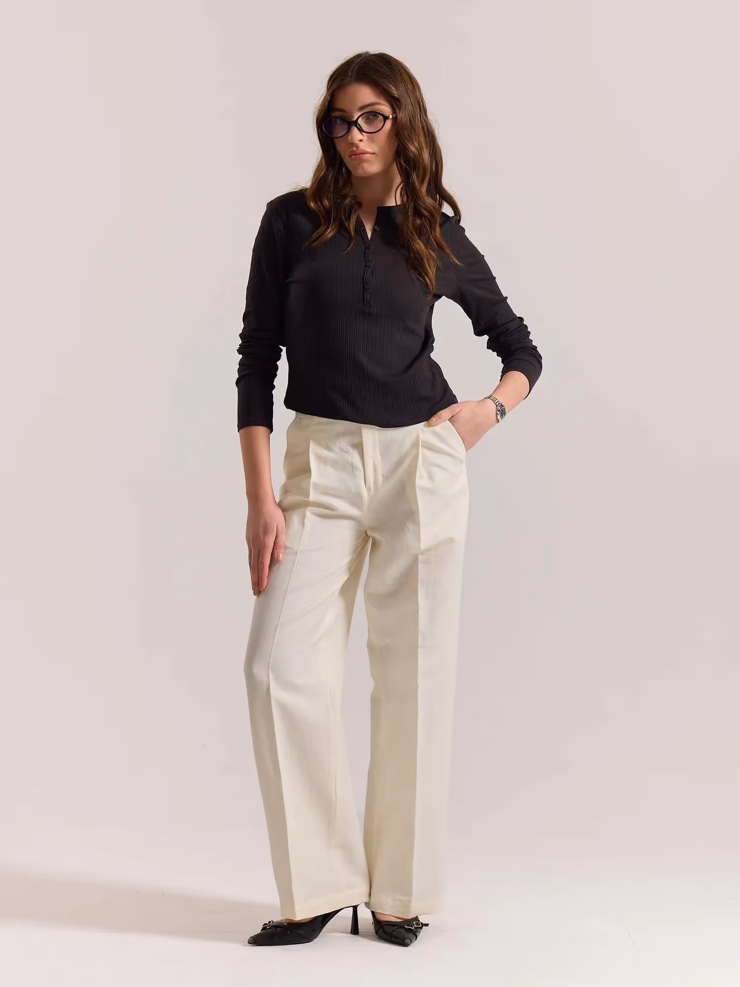 Cream Linen Baggy Fit Trousers image 2