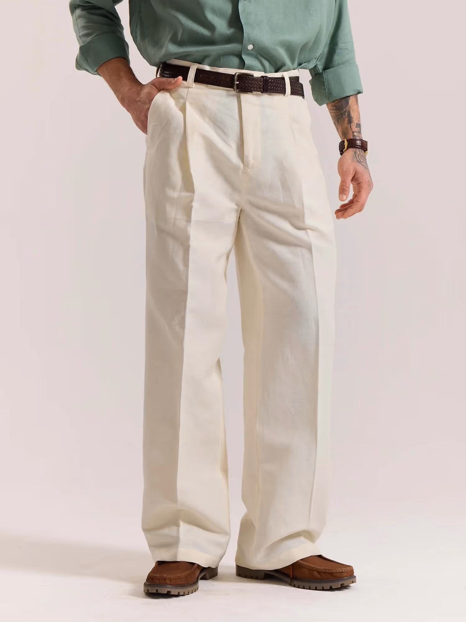 Cream Linen Baggy Fit Trousers image 3