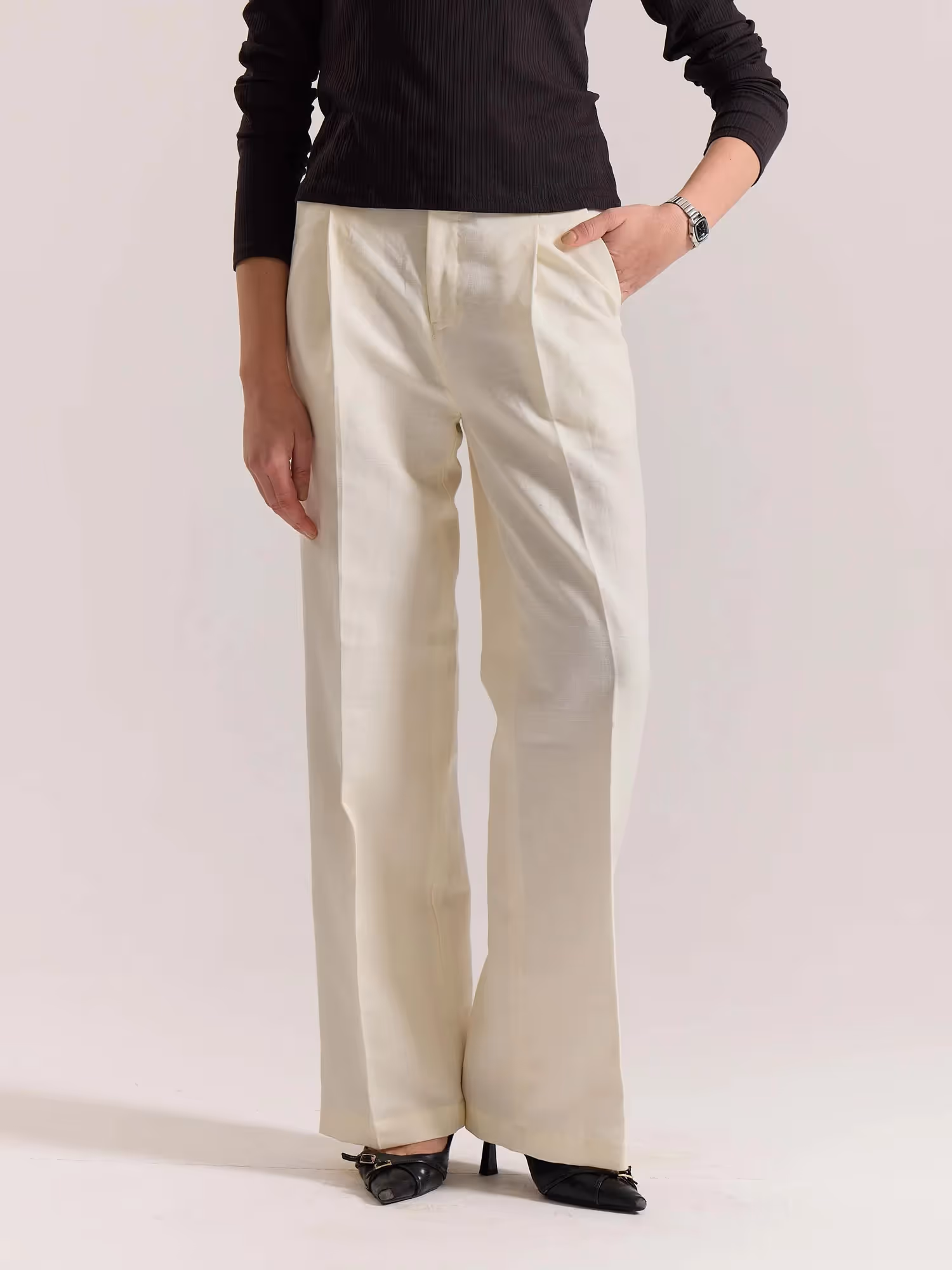 Cream Linen Baggy Fit Trousers image 4
