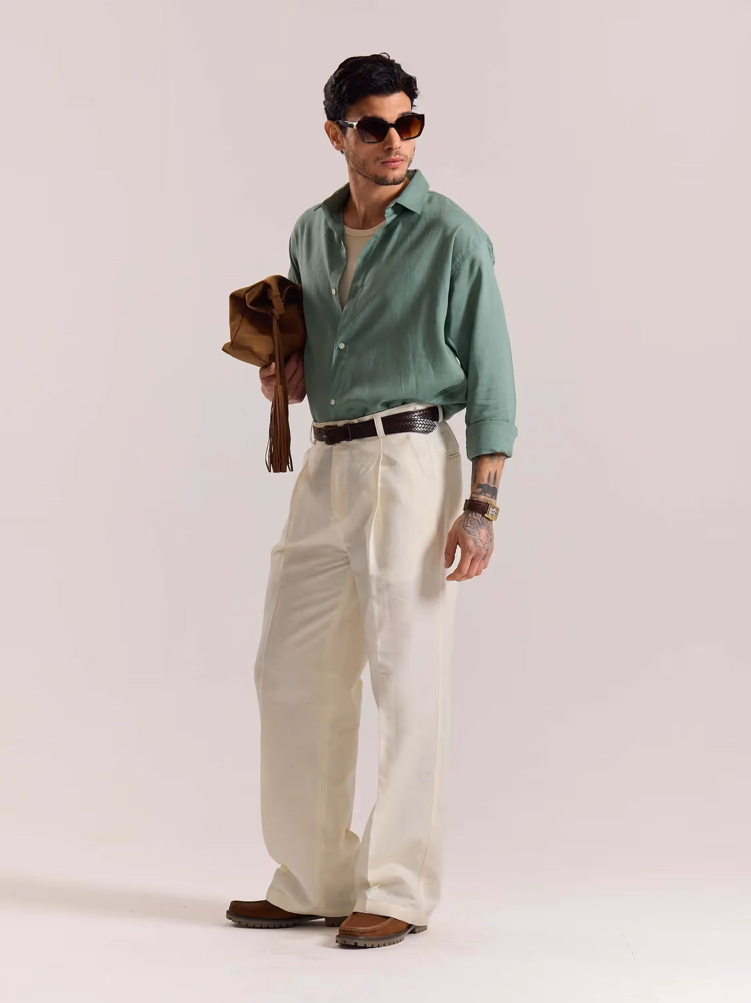Cream Linen Baggy Fit Trousers image 6