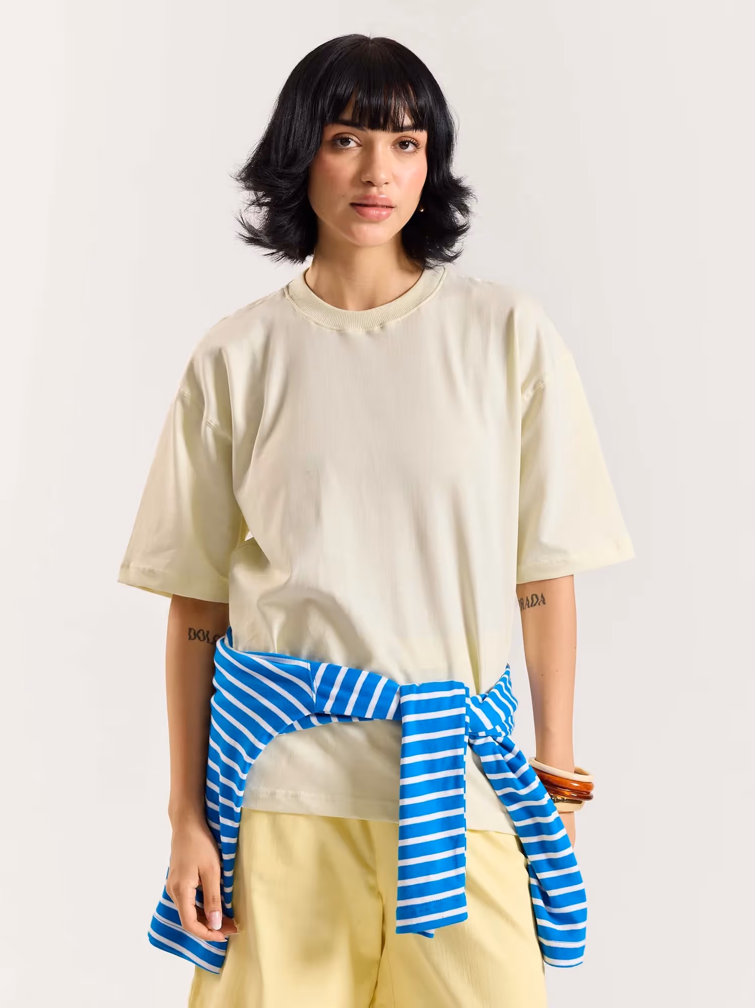 Cream Loose Fit Cropped T-Shirt image 4