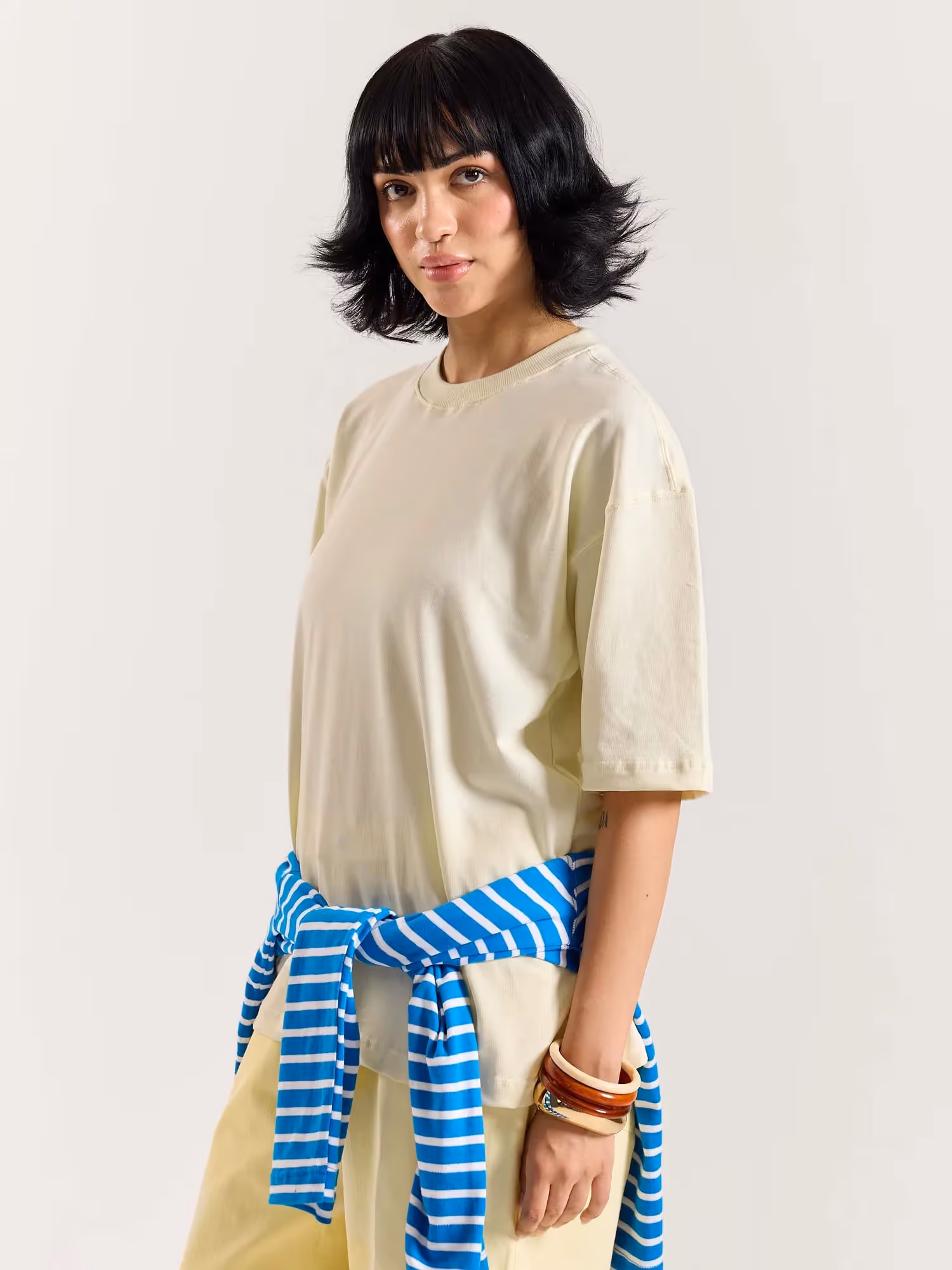 Cream Loose Fit Cropped T-Shirt image 6