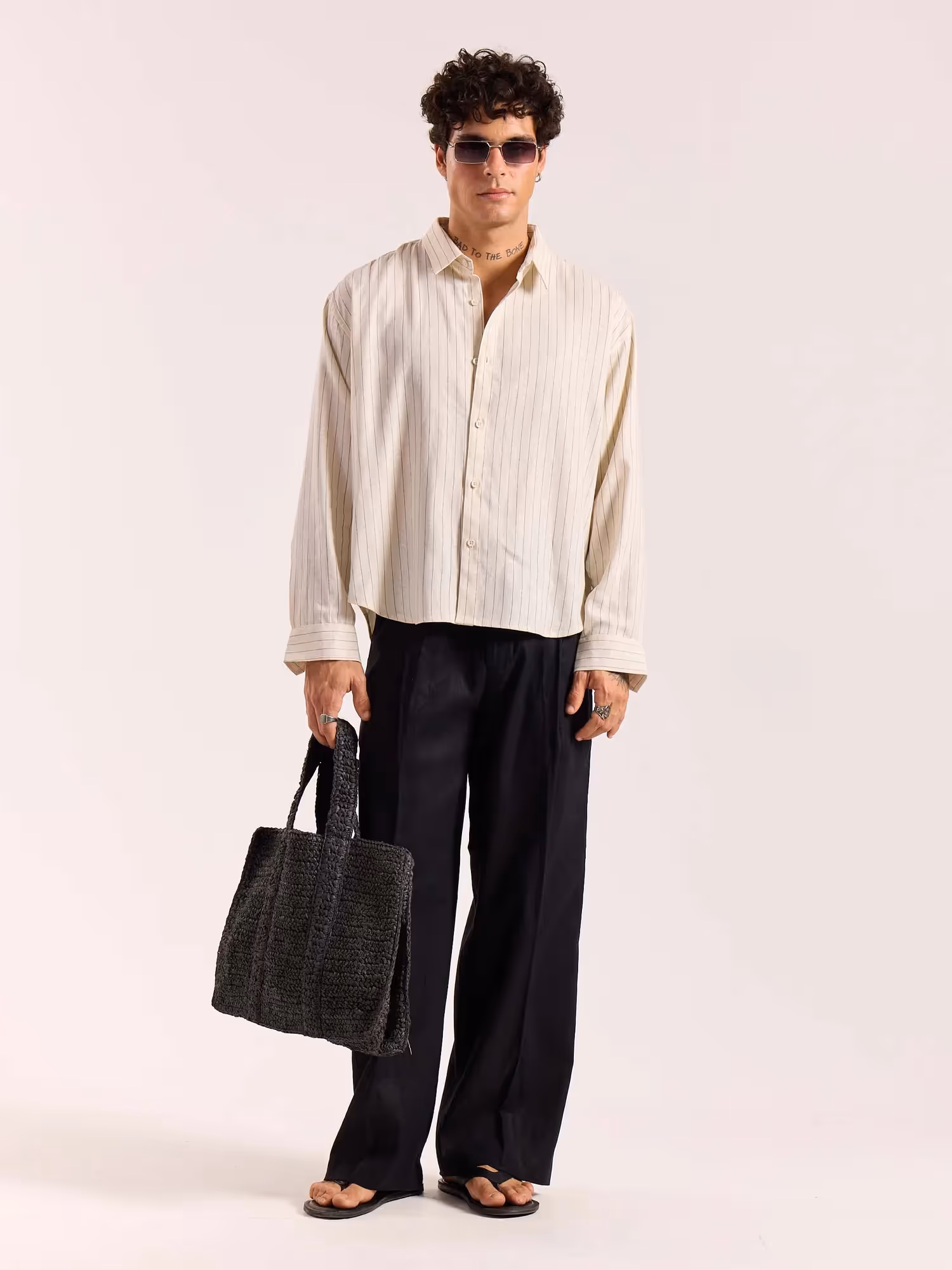 Cream Pinstriped Linen Cropped Shirt image 1