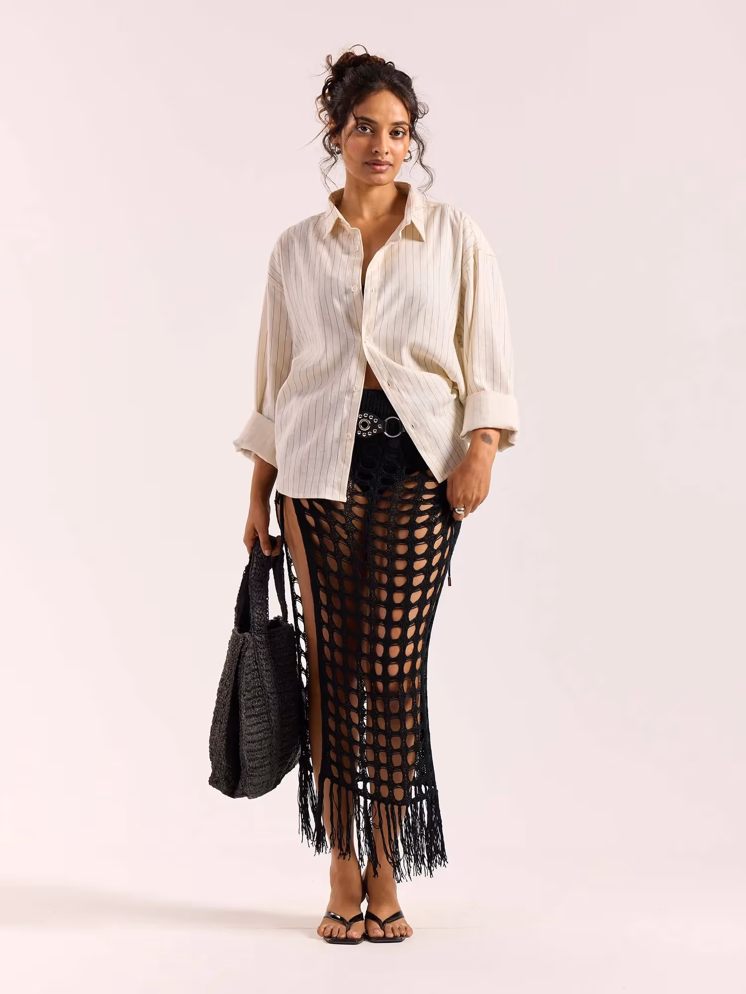 Cream Pinstriped Linen Cropped Shirt  image 2