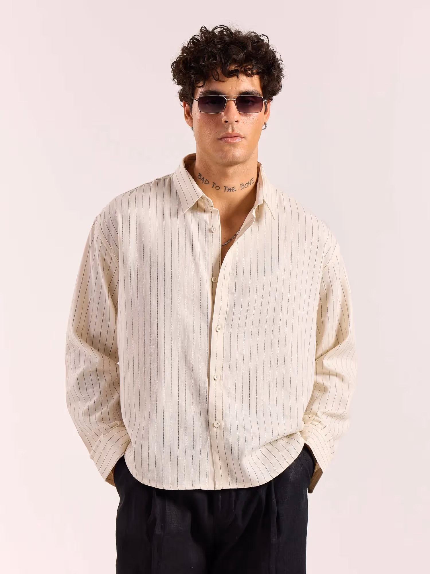 Cream Pinstriped Linen Cropped Shirt  image 3