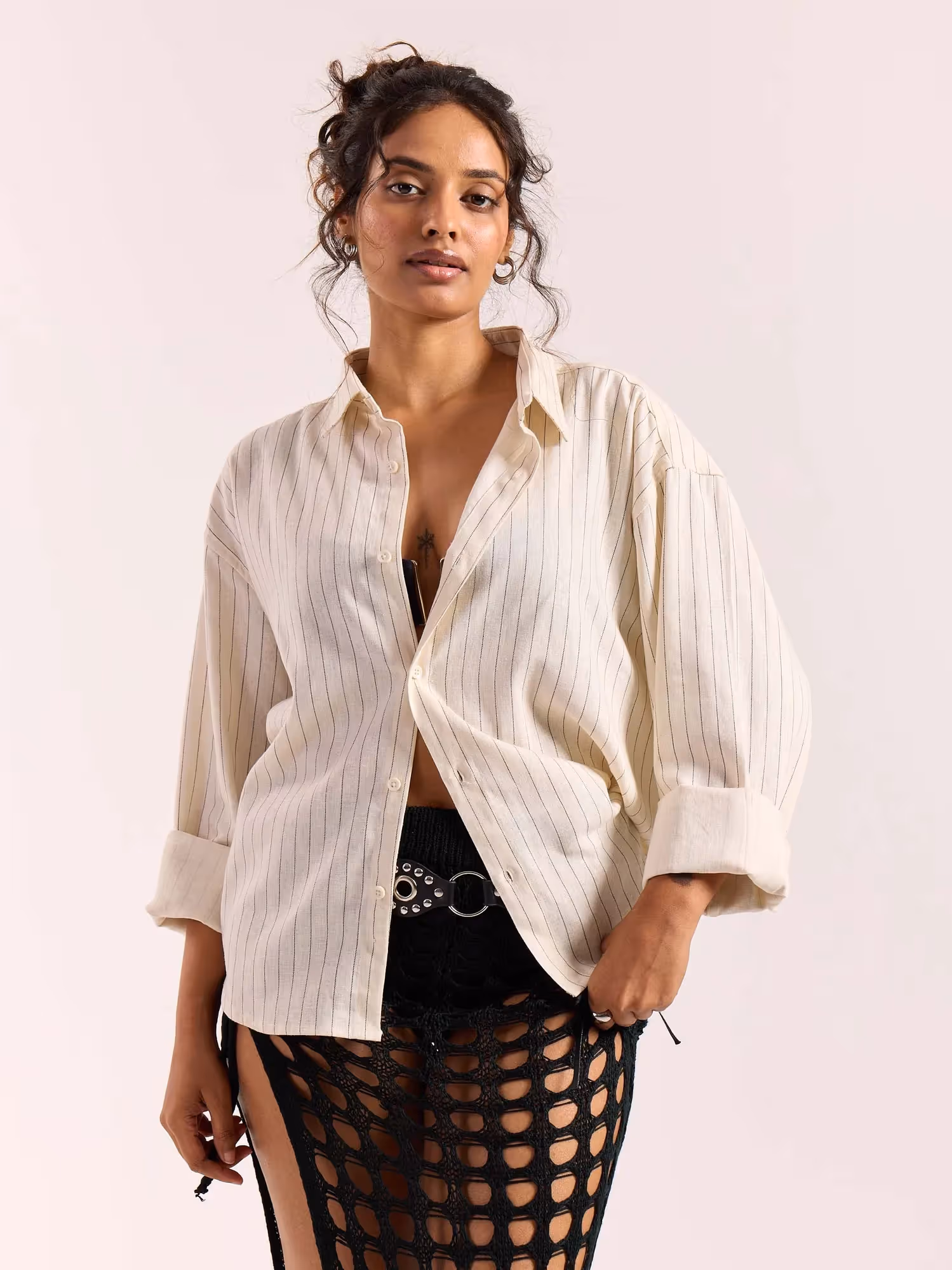 Cream Pinstriped Linen Cropped Shirt  image 4