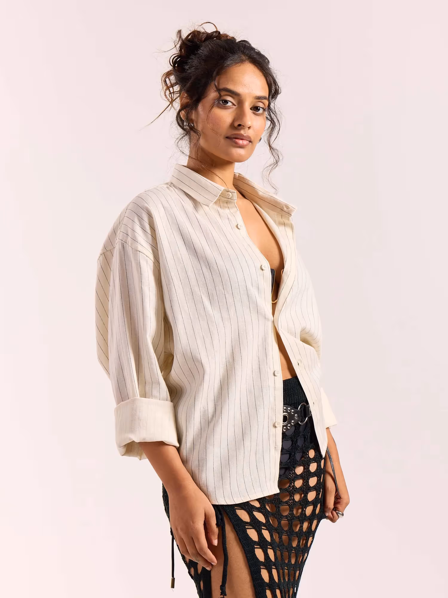 Cream Pinstriped Linen Cropped Shirt  image 5