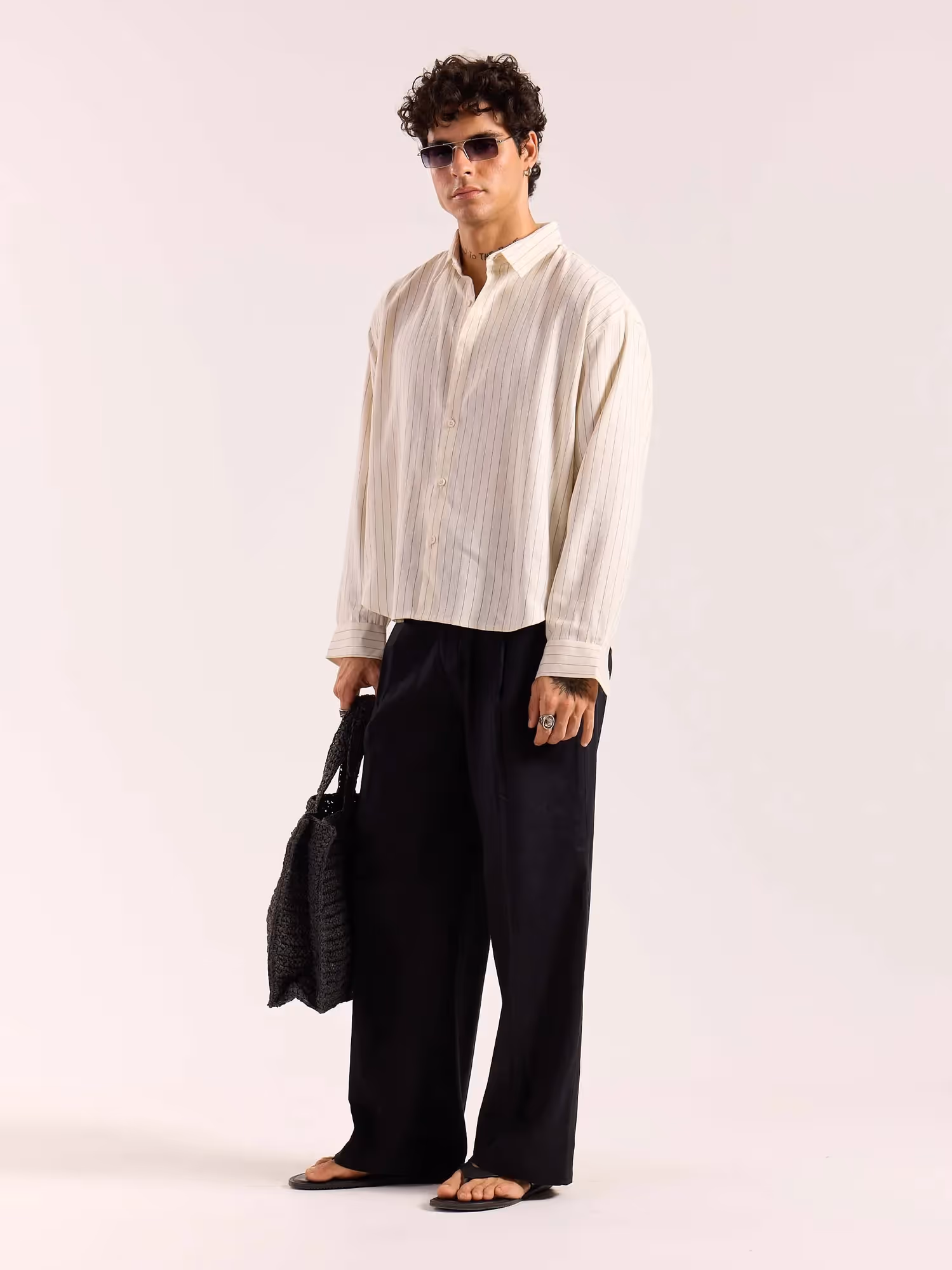 Cream Pinstriped Linen Cropped Shirt  image 7