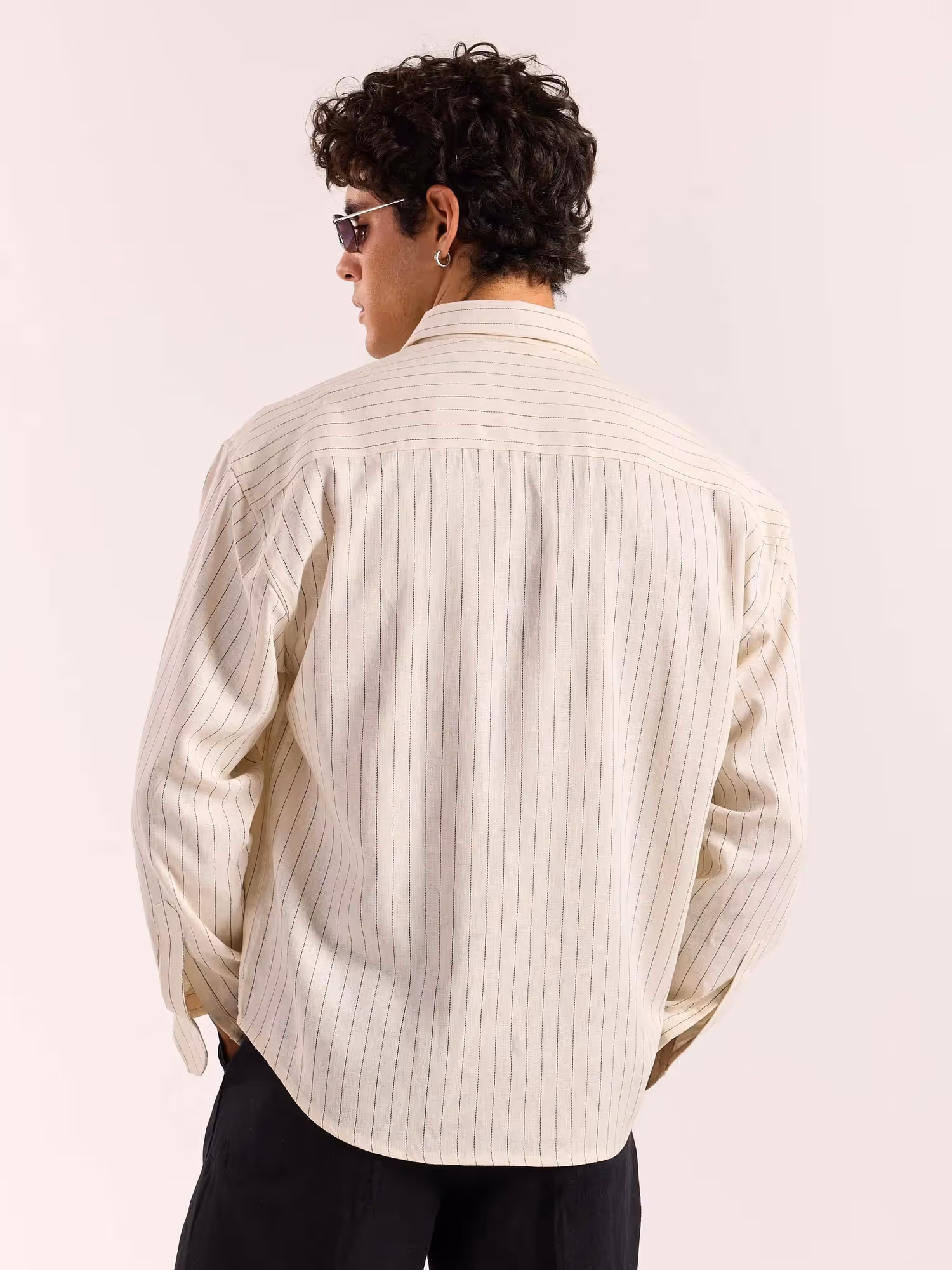 Cream Pinstriped Linen Cropped Shirt  image 8