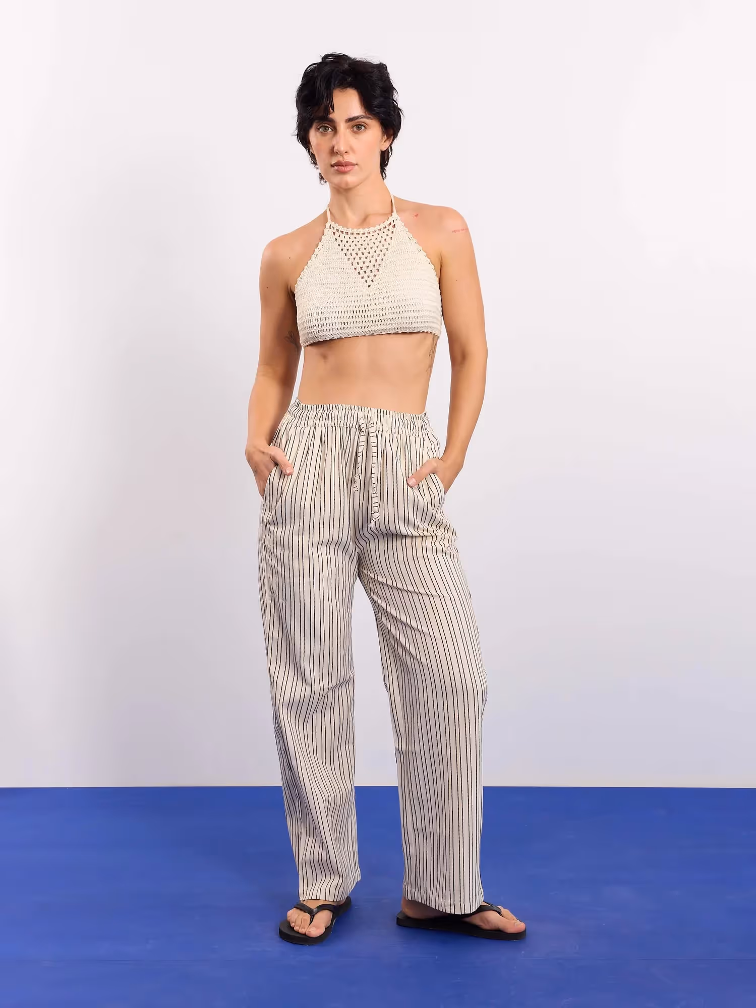 Cream Striped Textured Pull-on Pants  image 2