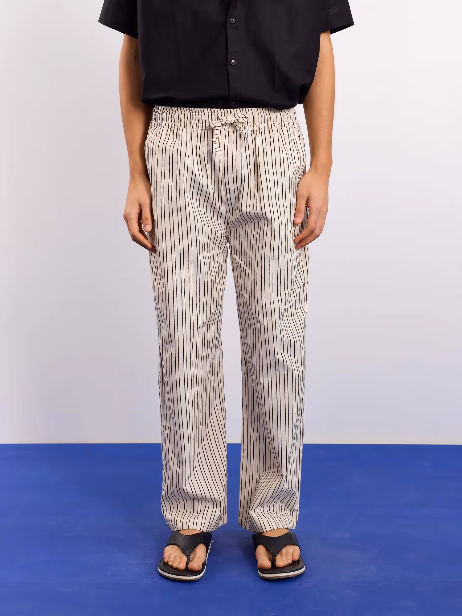Cream Striped Textured Pull-on Pants  image 3