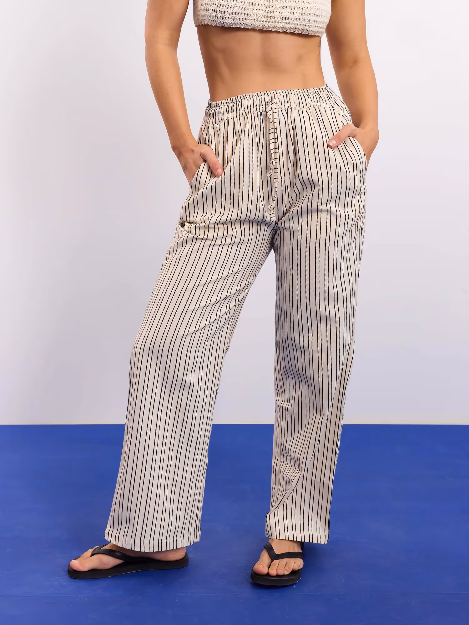 Cream Striped Textured Pull-on Pants  image 4
