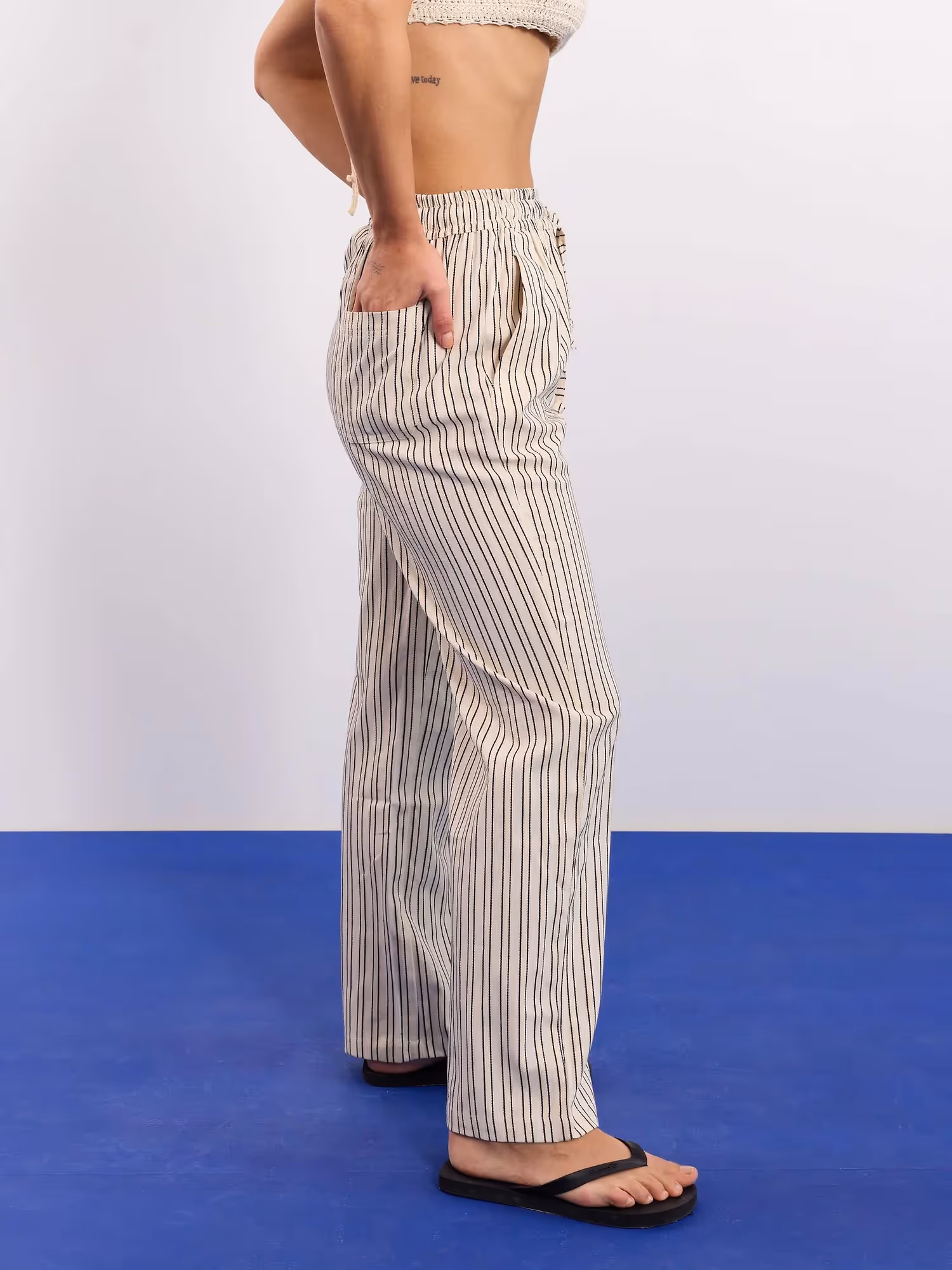 Cream Striped Textured Pull-on Pants  image 5