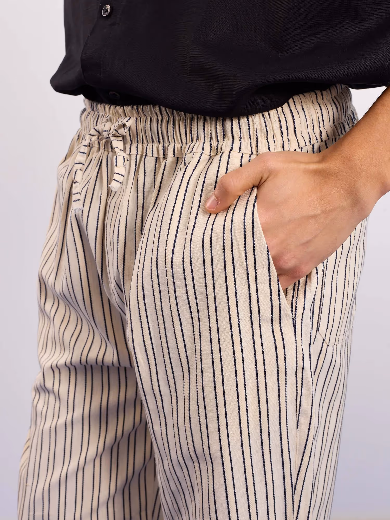 Cream Striped Textured Pull-on Pants  image 6